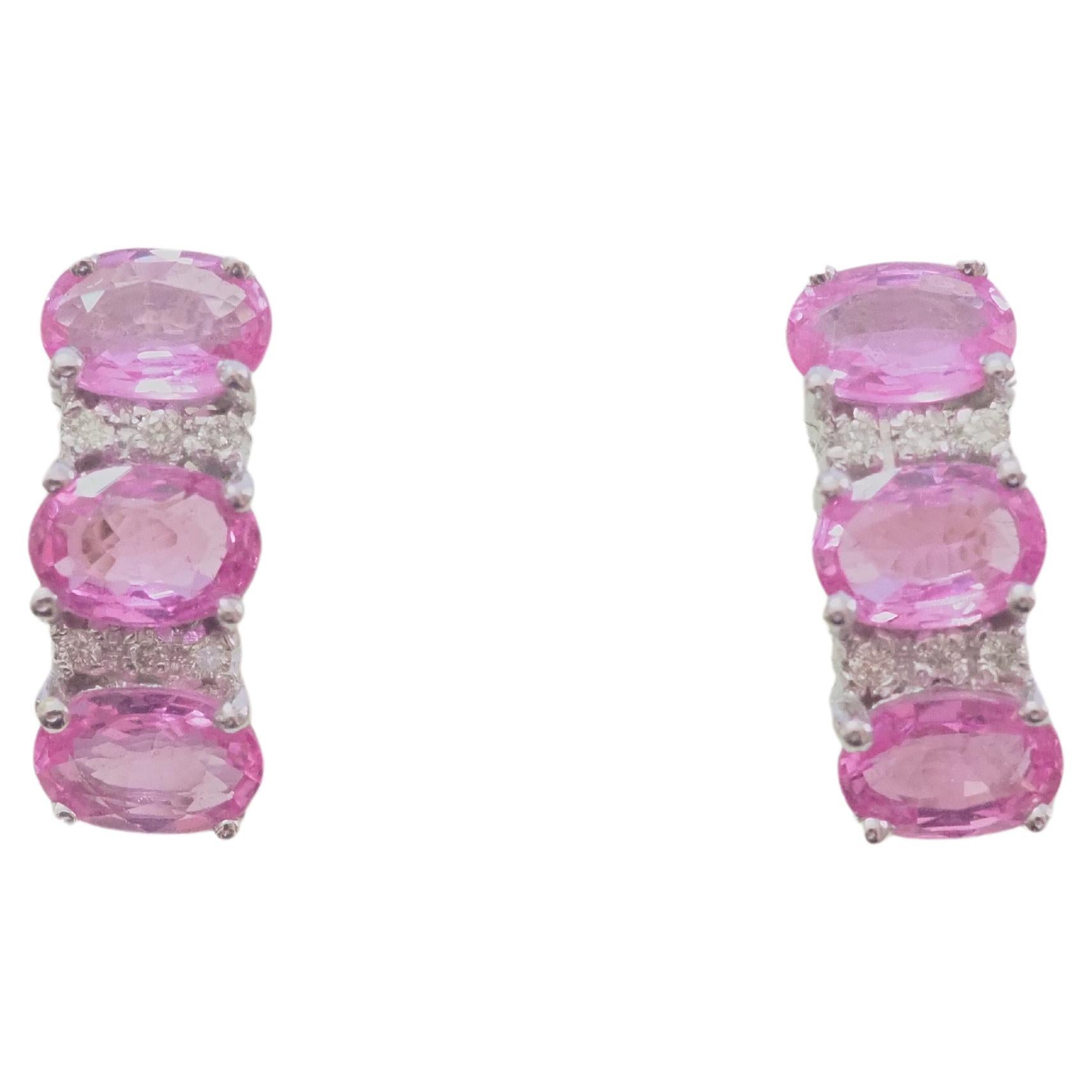 18K White Gold 3.60ct Pink Sapphire & 0.10ct Round Diamond Earrings For Sale