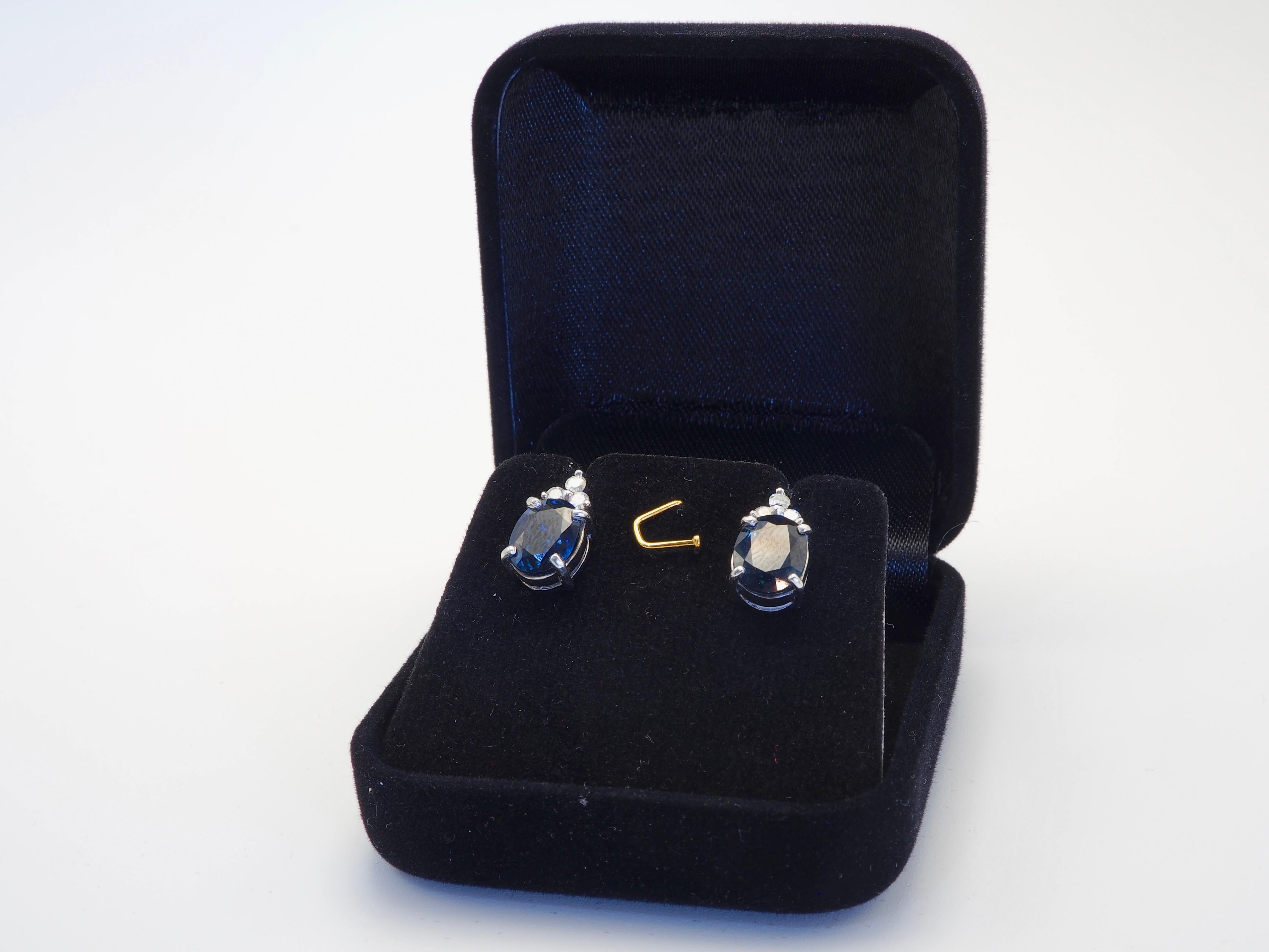 18K White Gold 3.71ct Deep Blue Sapphire & 0.23ct Diamond Fine Stud Earrings For Sale 1