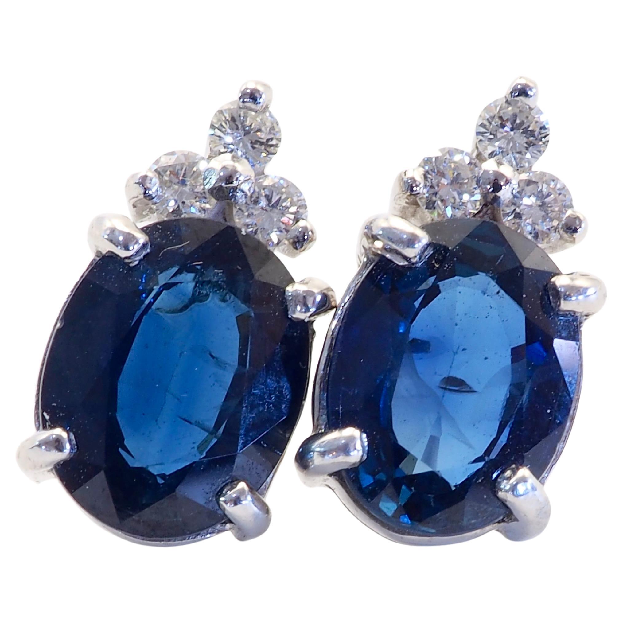 18K White Gold 3.71ct Deep Blue Sapphire & 0.23ct Diamond Fine Stud Earrings