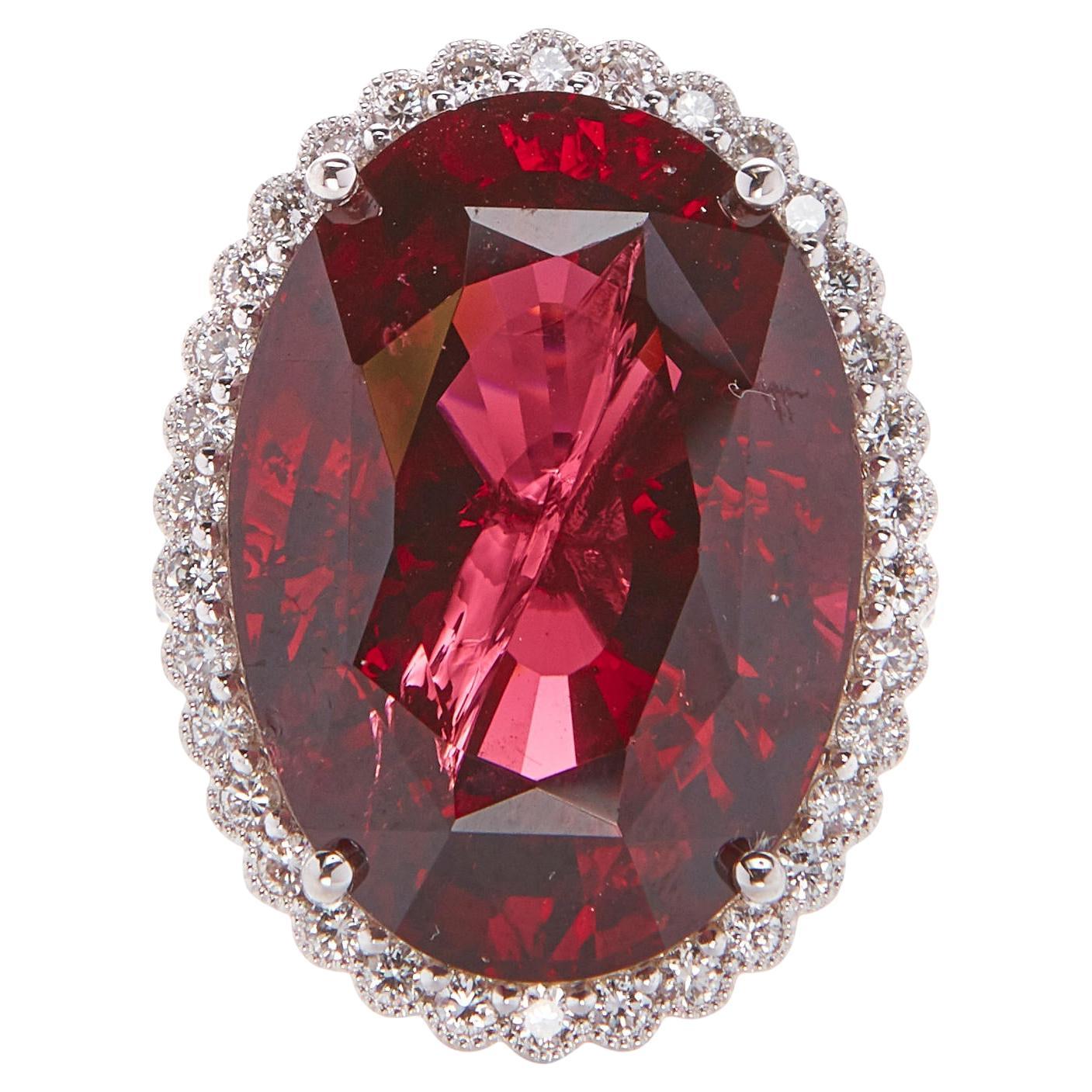18K White Gold & 37.3 Carat Oval Garnet Ring w/ 0.75 Carat Diamond Halo, Size 7