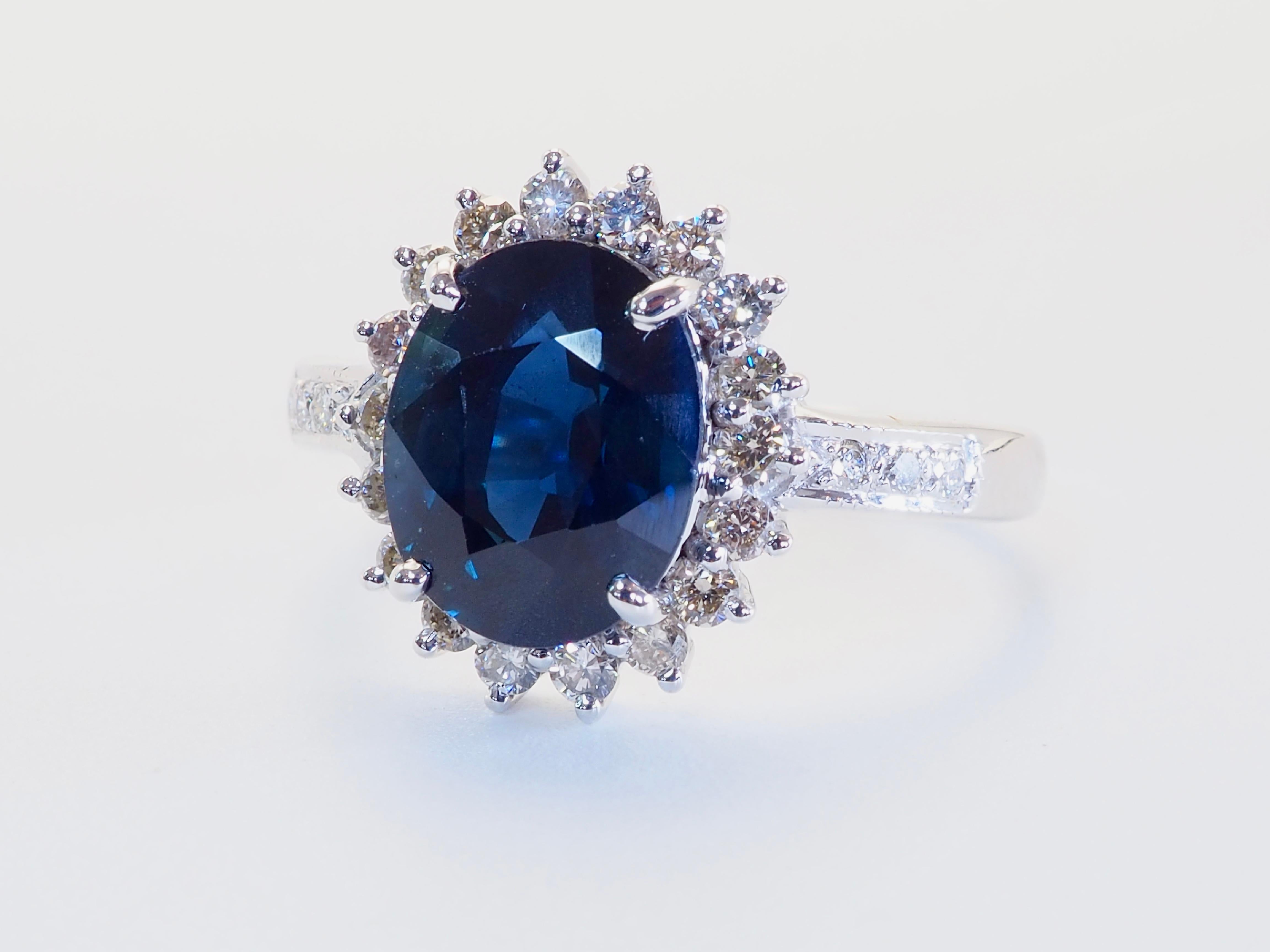 Deep and alluring sapphire of decent size is the signature of this piece! The greenish blue sapphire is of Thai origin which is now rarer with depleting supply. Diamond is of decent size and shine bright. Dazzle your best anywhere any time with this
