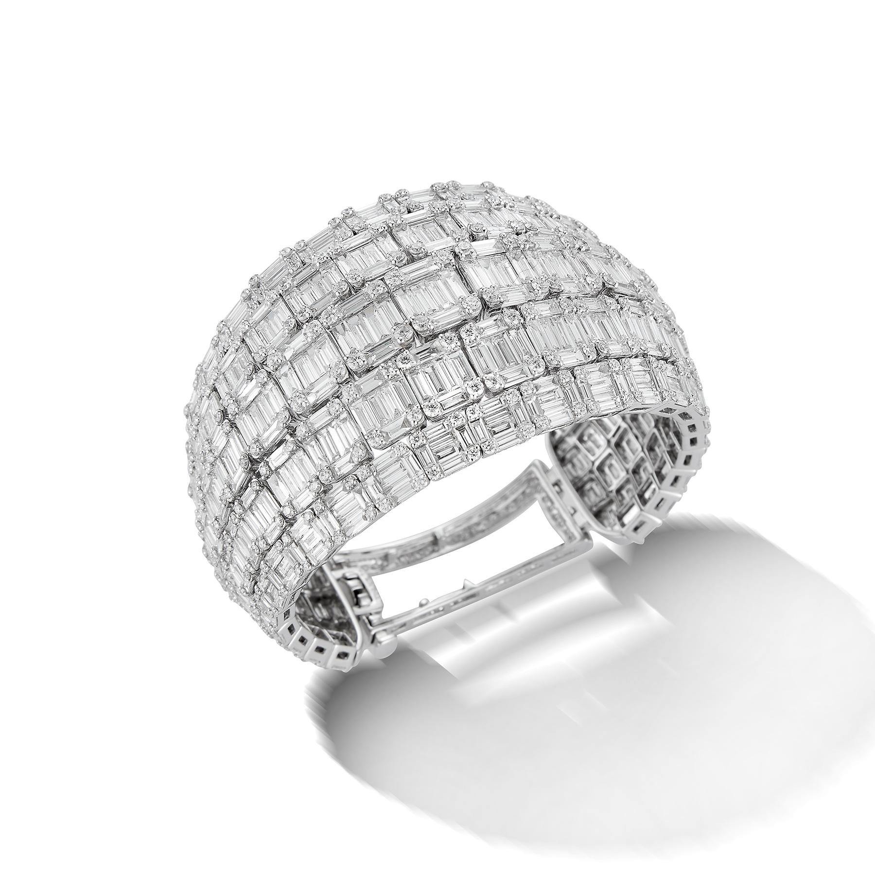 Modern 18 Karat White Gold and 38.32 Carat Diamond Bangle-Cuff Bracelet For Sale