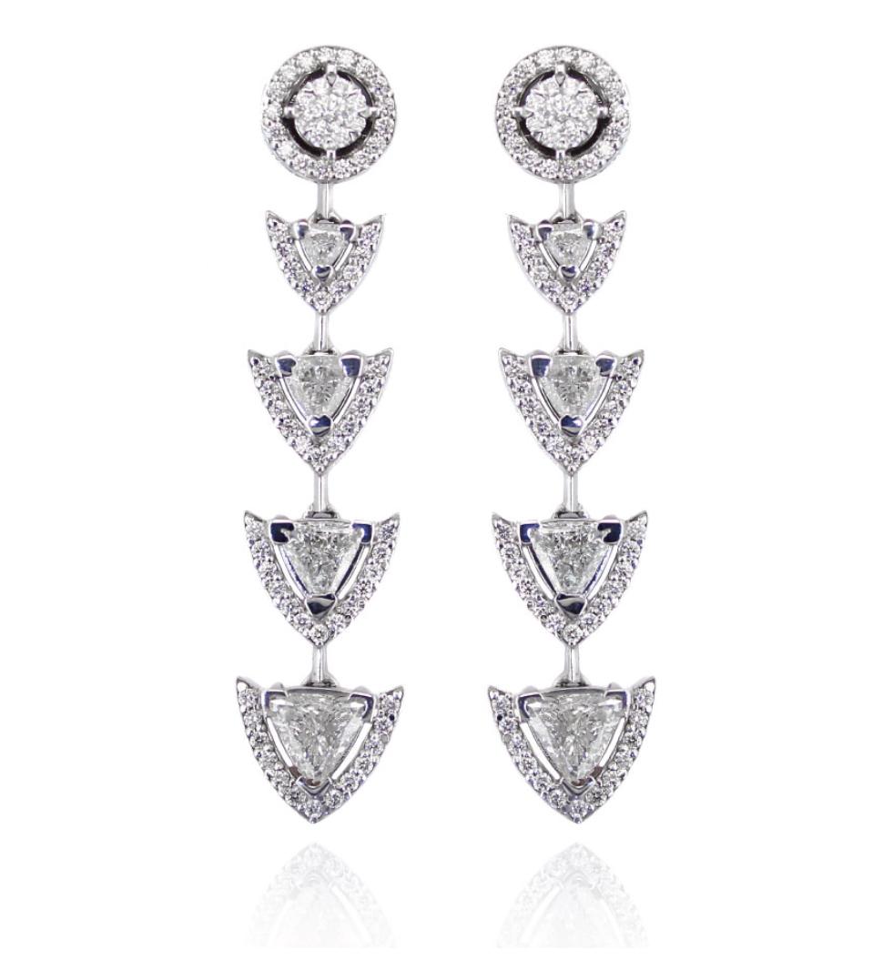 Trillion Cut 18 Karat Gold and 3.84 Carat Colorless Diamonds Spear Earrings by Alessa Jewelry For Sale