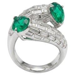 18K White Gold 3.85 Carat Colombian Emerald & Diamond Criss Cross Ring
