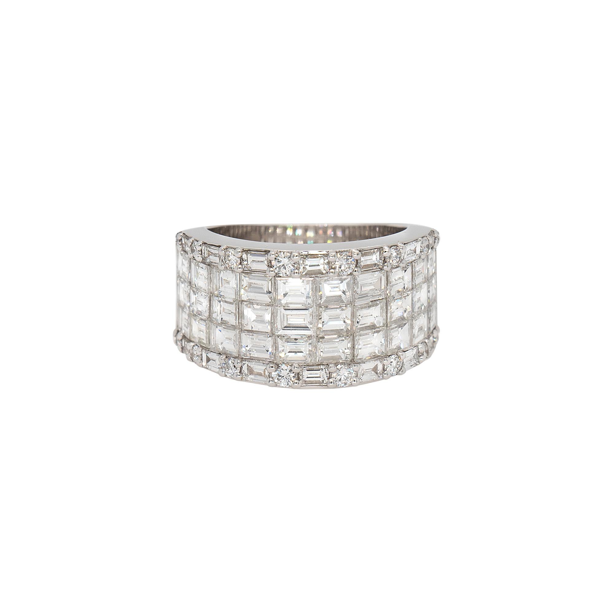 Diamond Details:
3.86ct Baguette Cut Natural Diamond
0.35ct Round Brilliant Natural Diamond
G Color VS Clarity
Ring Material: 18k White Gold
Ring Size: 6.25 (can be sized)
Measurements: 12.0mm x 3.4mm
Total Weight: 12.9g (8.3dwt)
This item comes