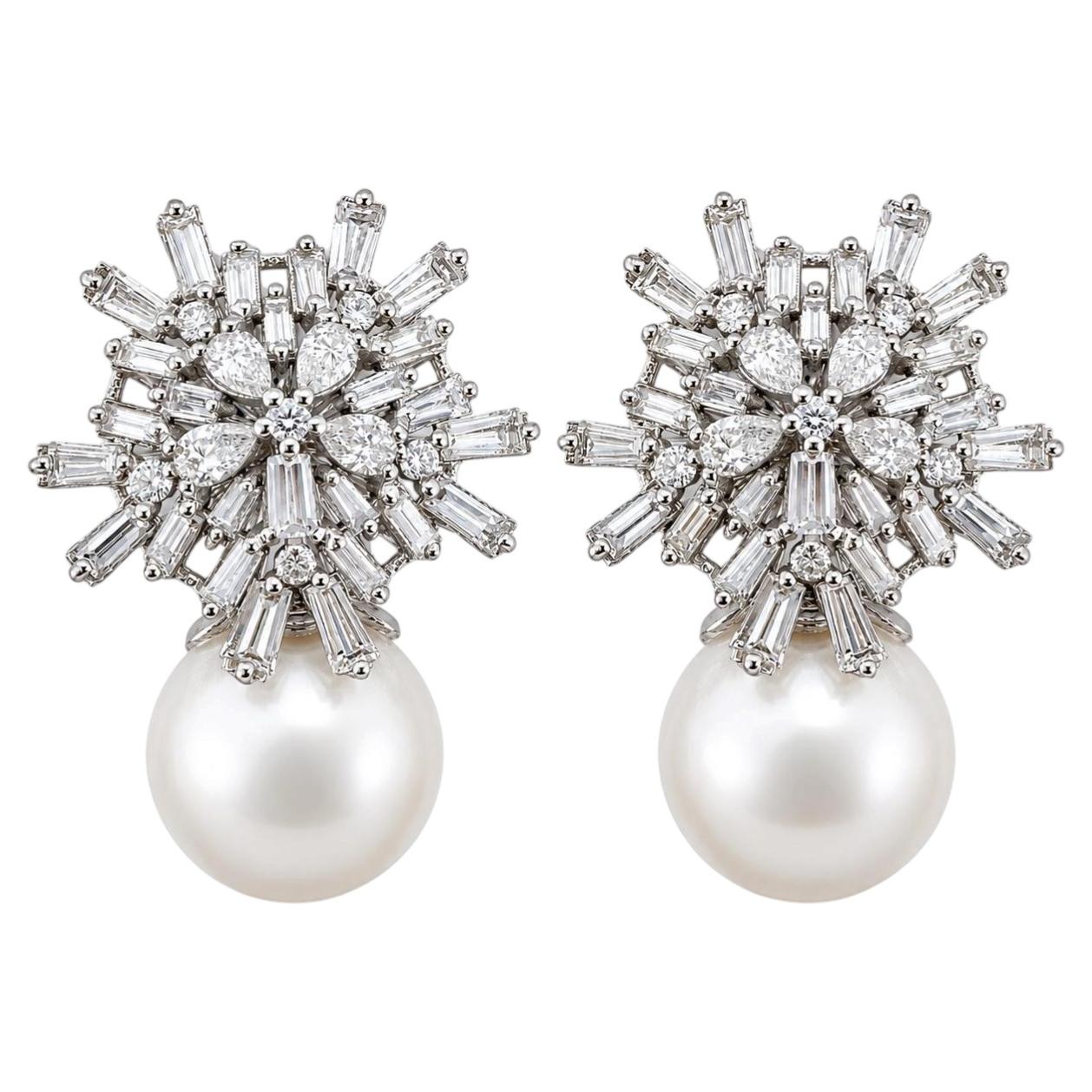 18K White Gold 3.88 Carat Baguette and Pear Cut Diamond and Pearl Earrings