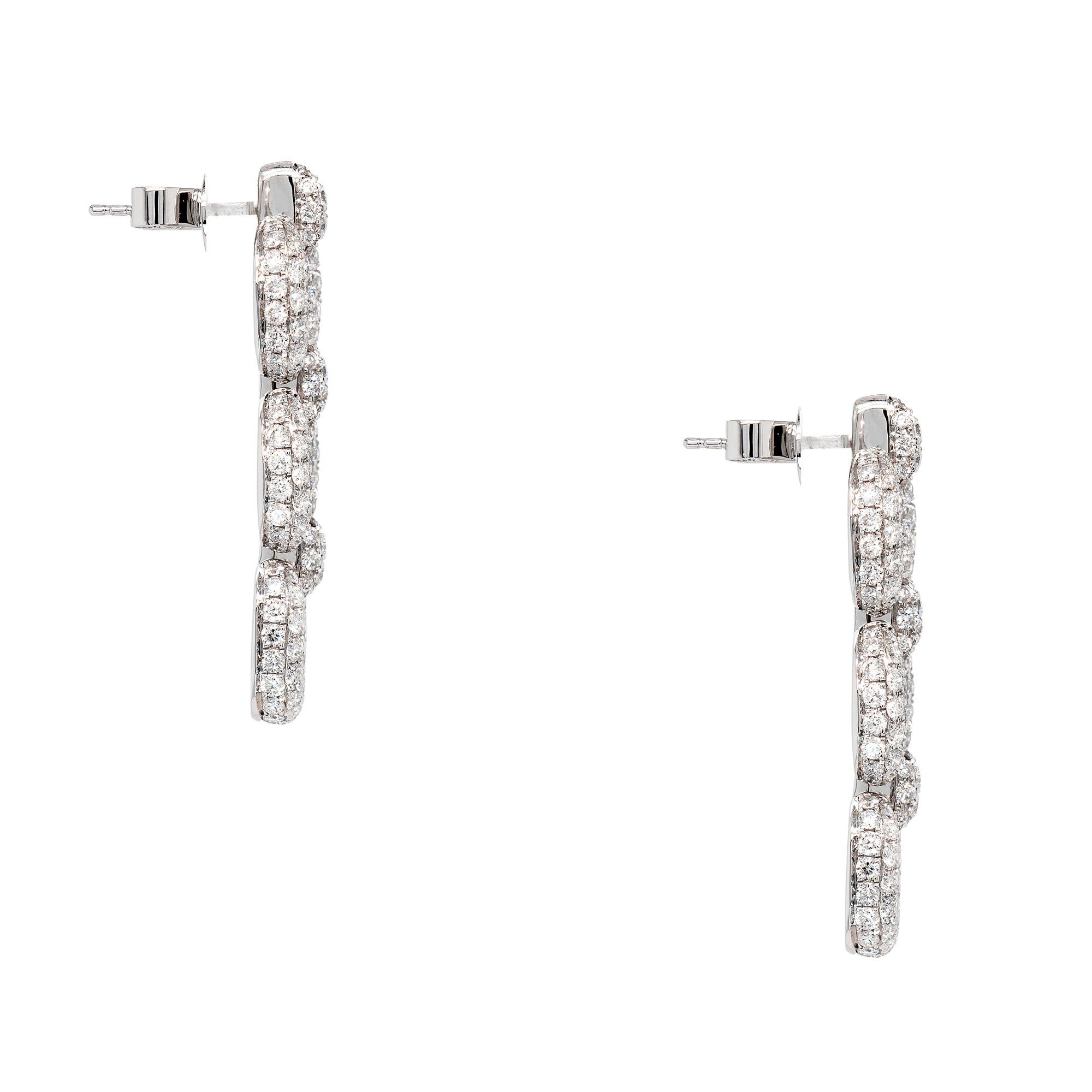 Round Cut 18k White Gold 3.98ct Round Brilliant Natural Diamond Triple Link Dangle Earring For Sale