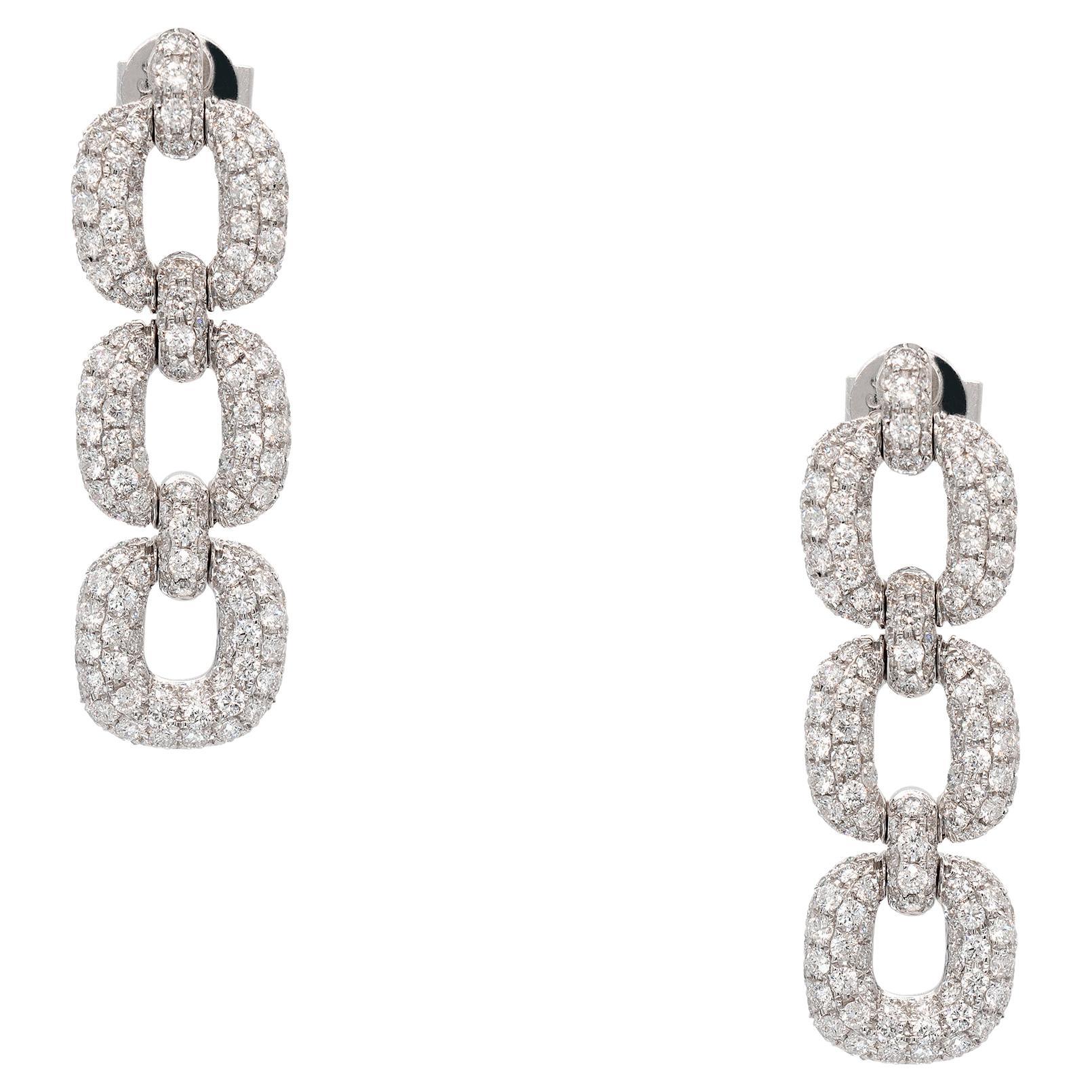 18k White Gold 3.98ct Round Brilliant Natural Diamond Triple Link Dangle Earring For Sale