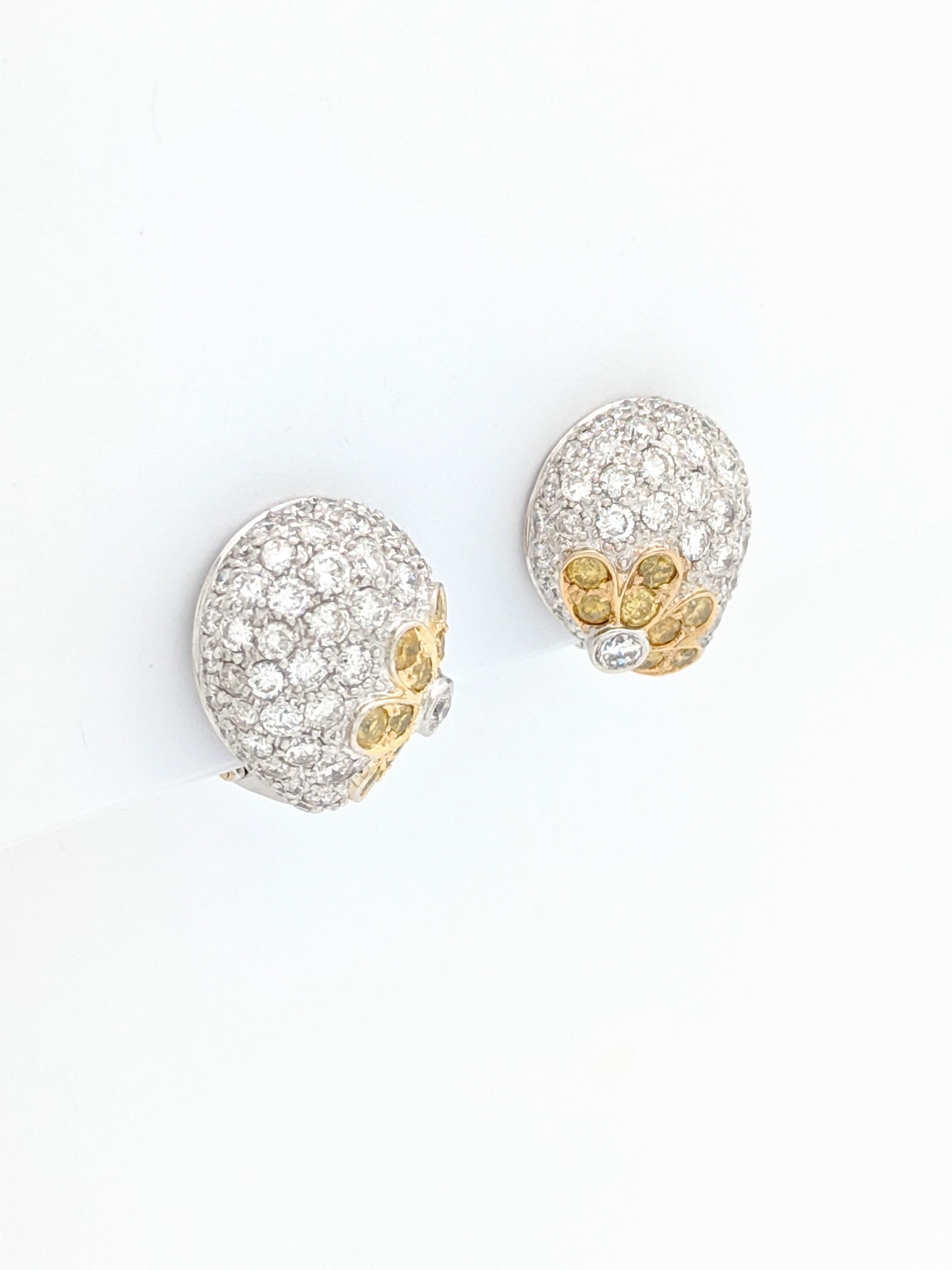 Contemporary 18 Karat White Gold 3 Carat Fancy Yellow and White Diamond Omega Back Earrings For Sale