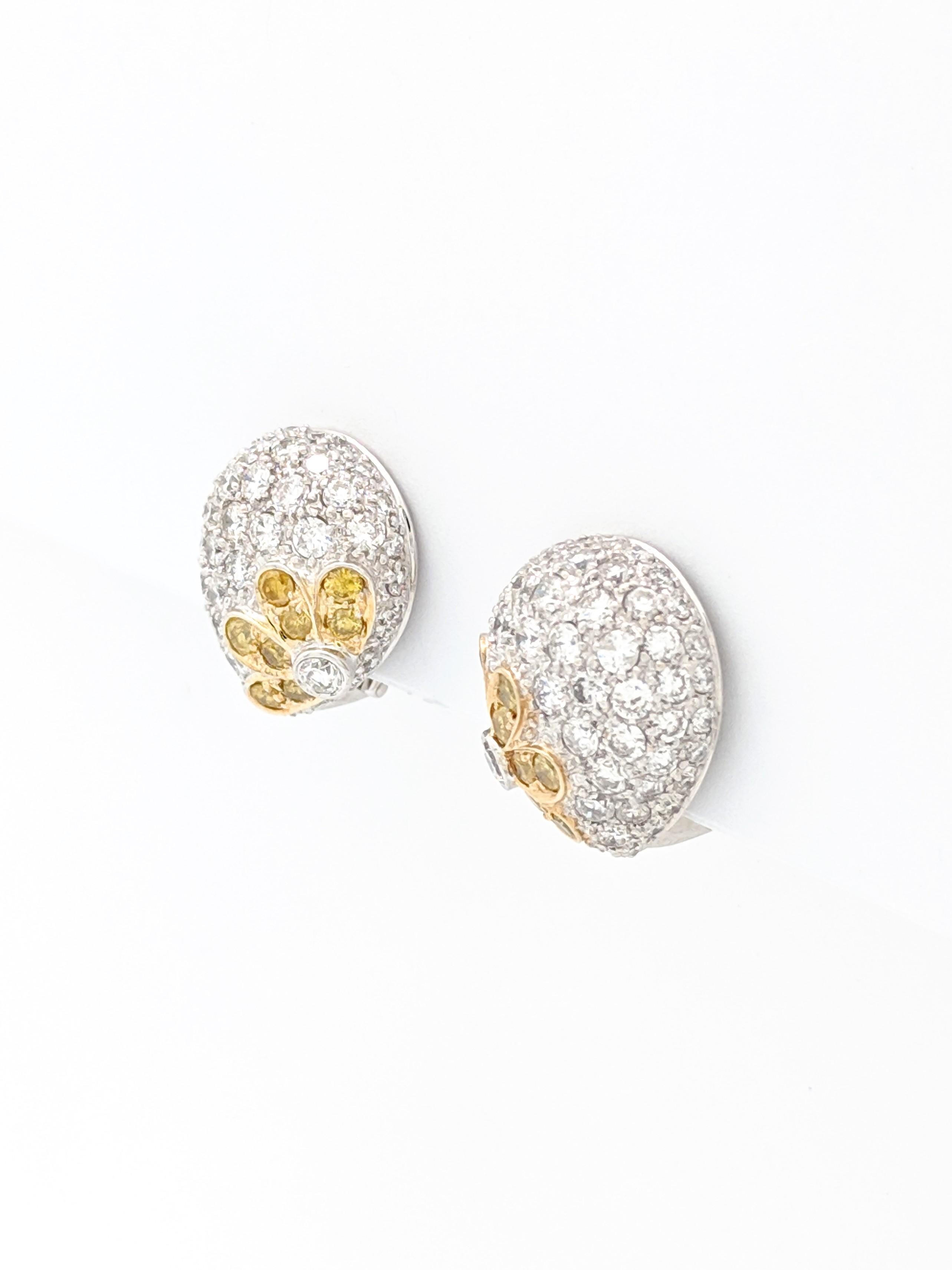 Round Cut 18 Karat White Gold 3 Carat Fancy Yellow and White Diamond Omega Back Earrings For Sale