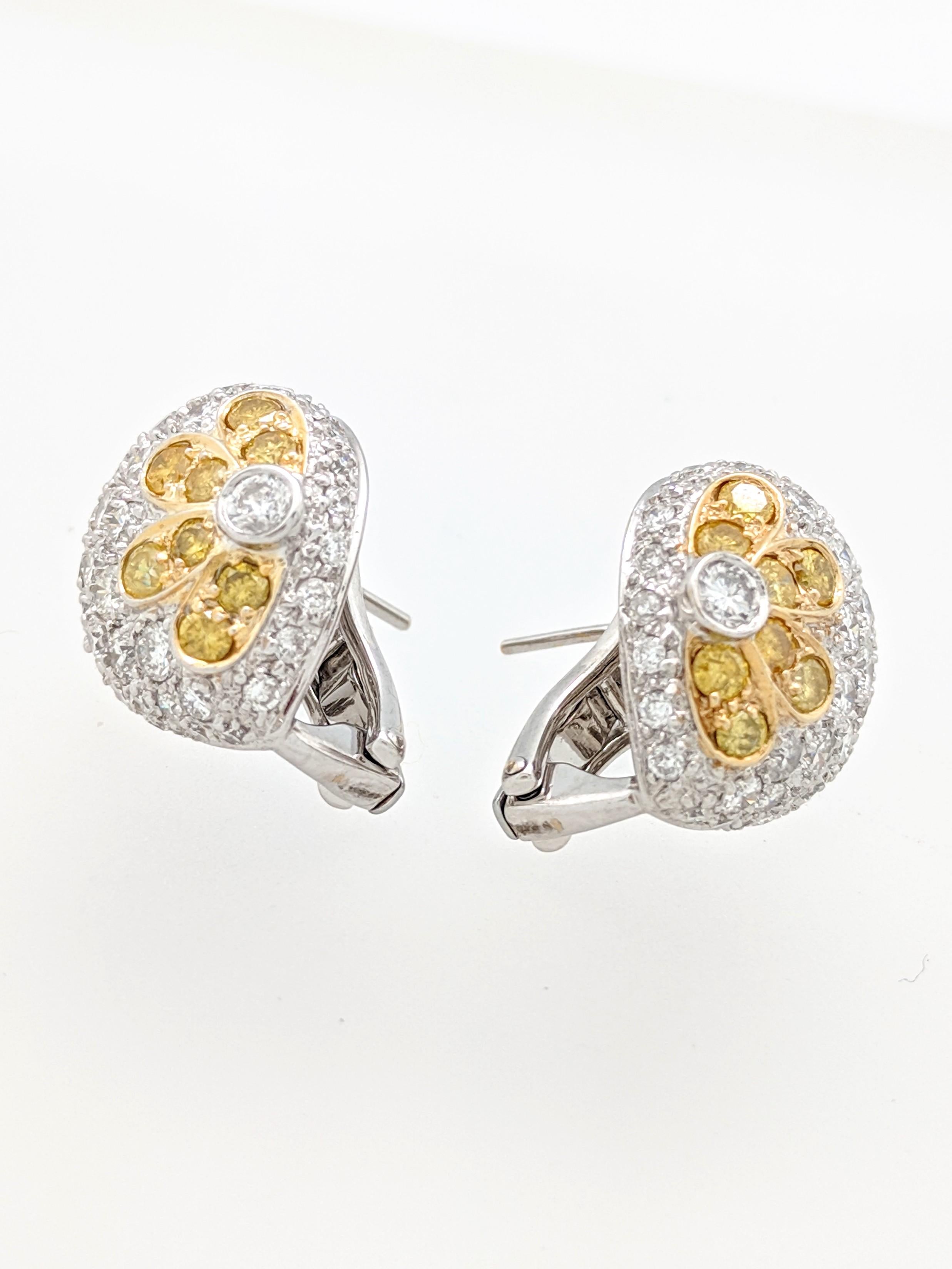 Women's or Men's 18 Karat White Gold 3 Carat Fancy Yellow and White Diamond Omega Back Earrings For Sale