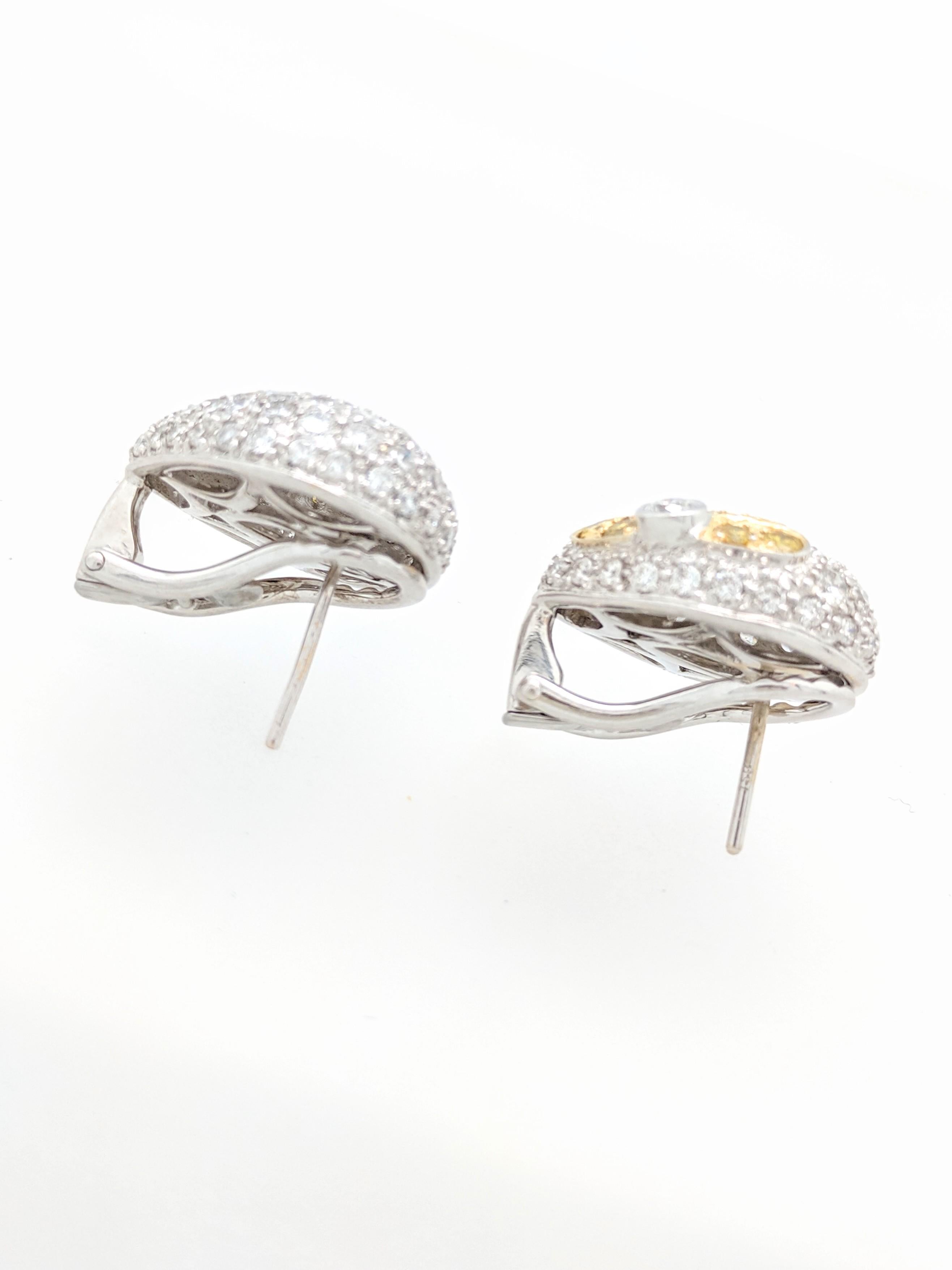 18 Karat White Gold 3 Carat Fancy Yellow and White Diamond Omega Back Earrings For Sale 2