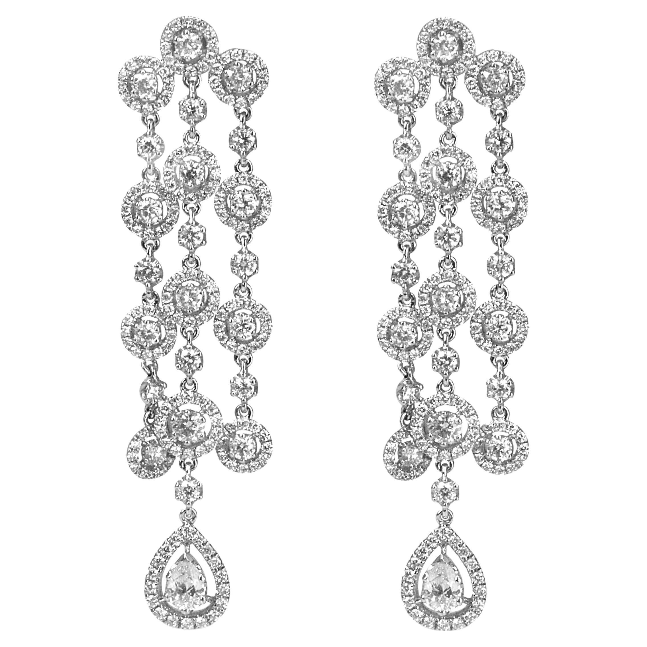 18K White Gold 4 3/4 Carat Diamond Double Teardrop Waterfall Dangle Earrings For Sale