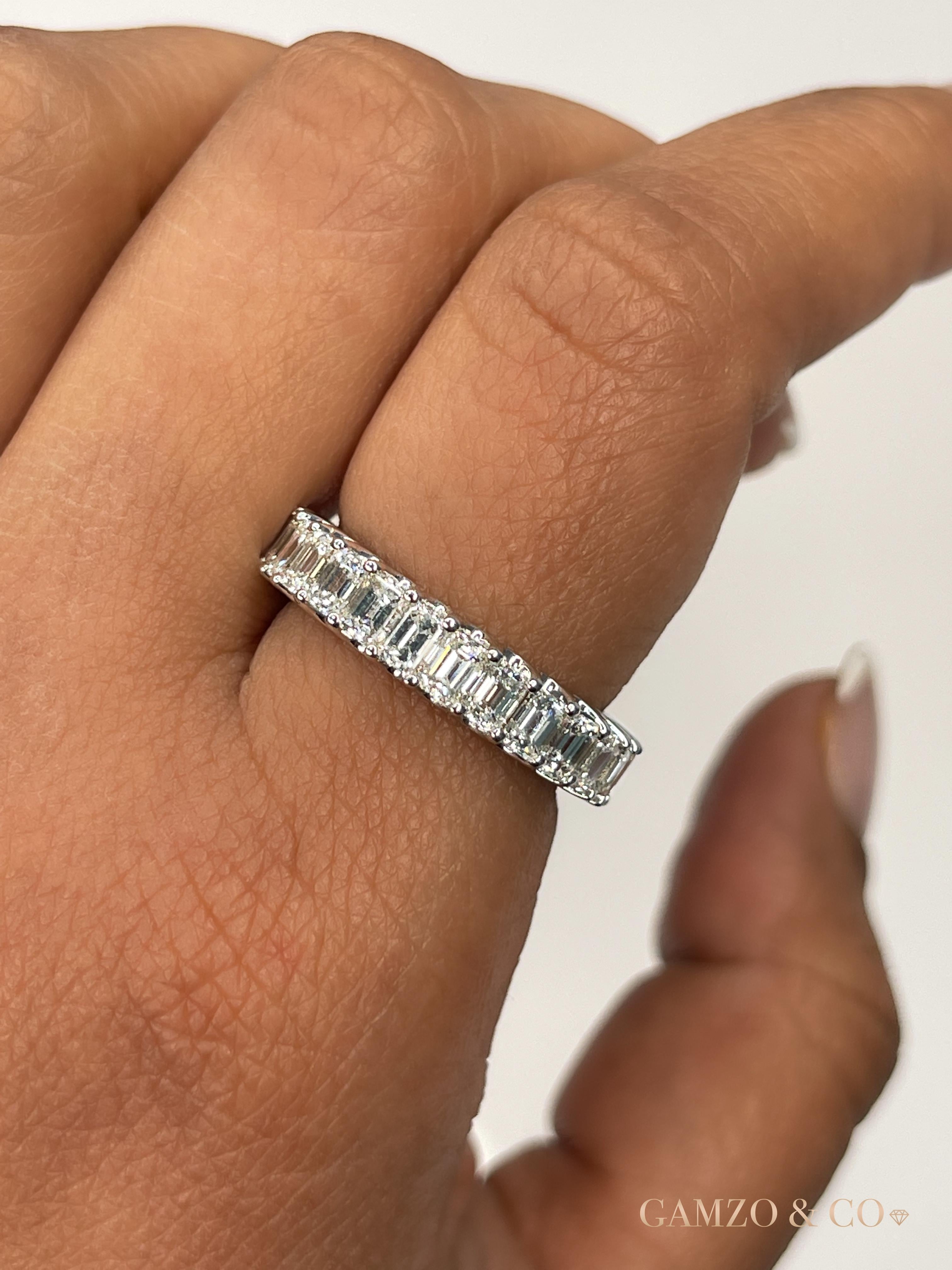 For Sale:  18k White Gold 4 Carat Natural Emerald Cut Diamond Eternity Ring 3