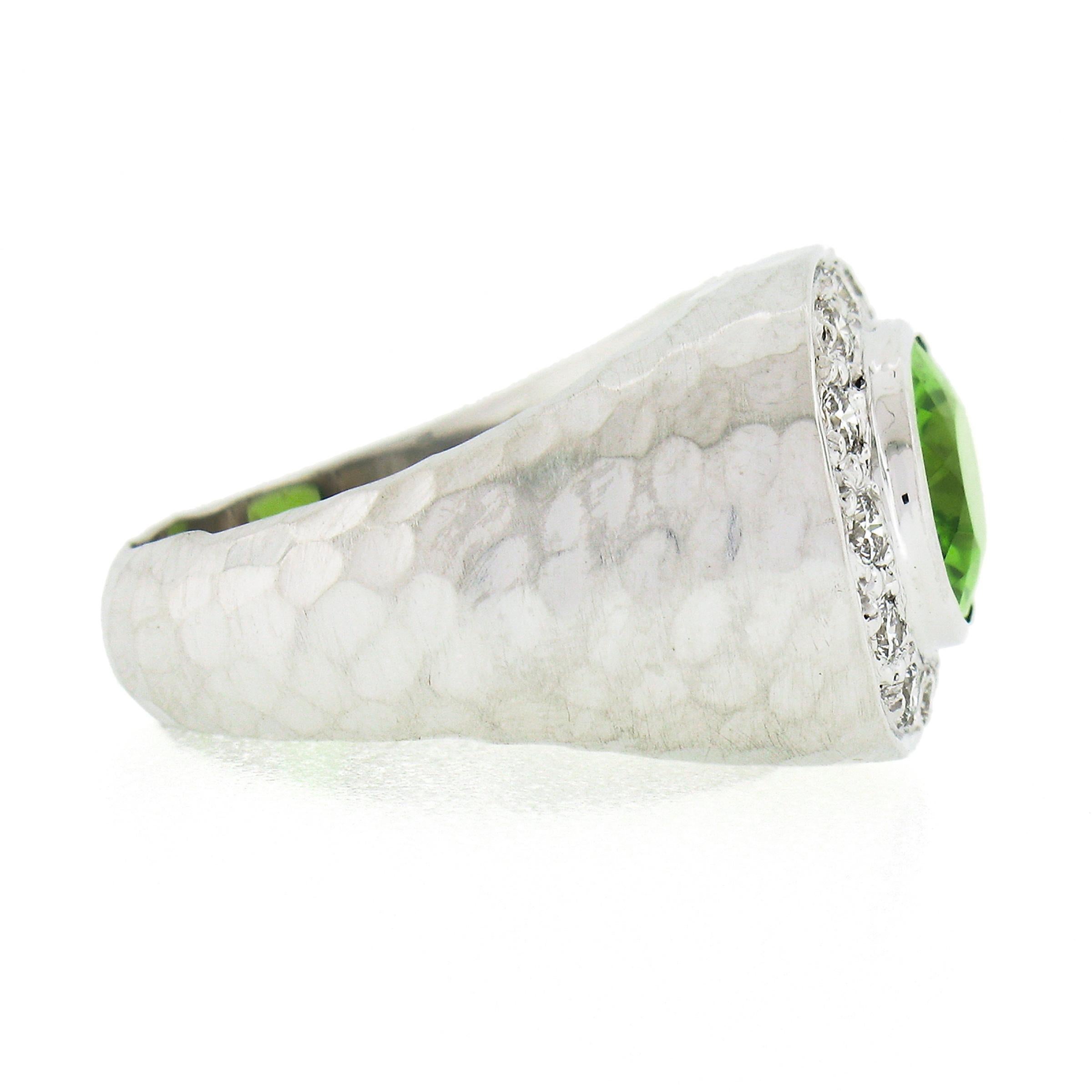 Oval Cut 18k White Gold 4.11ctw Oval Peridot & Pave Diamond Matte Hammered Cocktail Ring For Sale