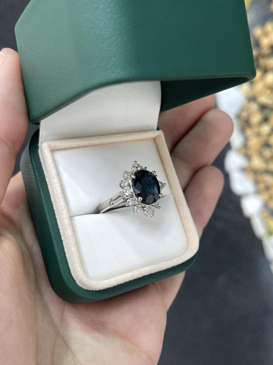 Women's 18K White Gold 4.11tcw Natural Large Oval Cut Sapphire & Diamond Halo Statement For Sale