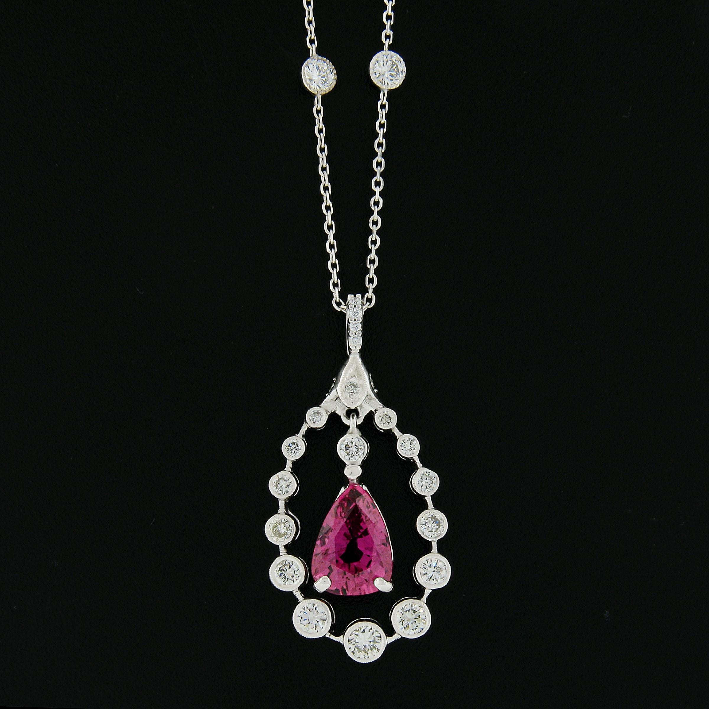 18K White Gold 4.12ctw GIA Pear Ruby & Diamond Halo Pendant By the Yard Necklace In Excellent Condition For Sale In Montclair, NJ