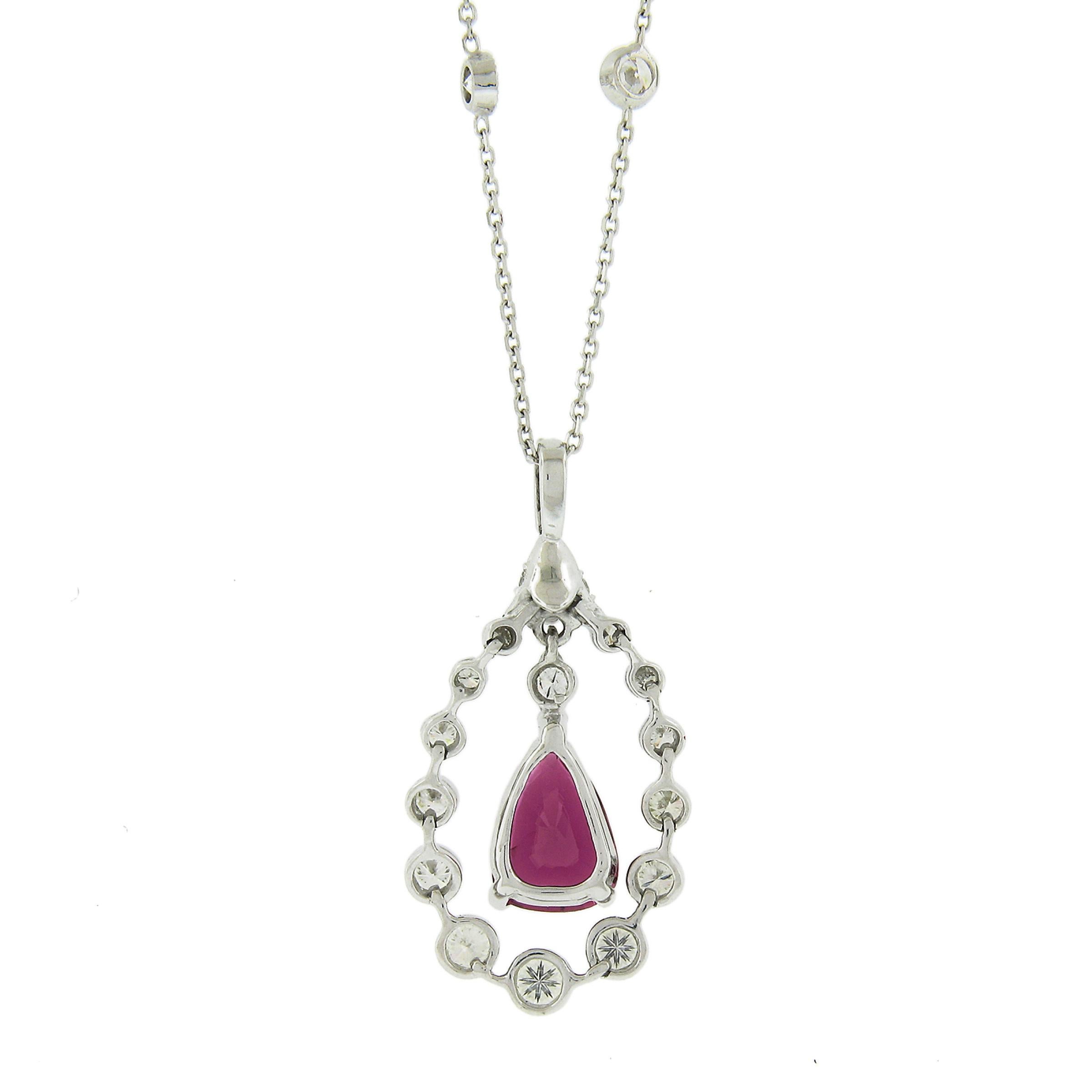 18K White Gold 4.12ctw GIA Pear Ruby & Diamond Halo Pendant By the Yard Necklace For Sale 1