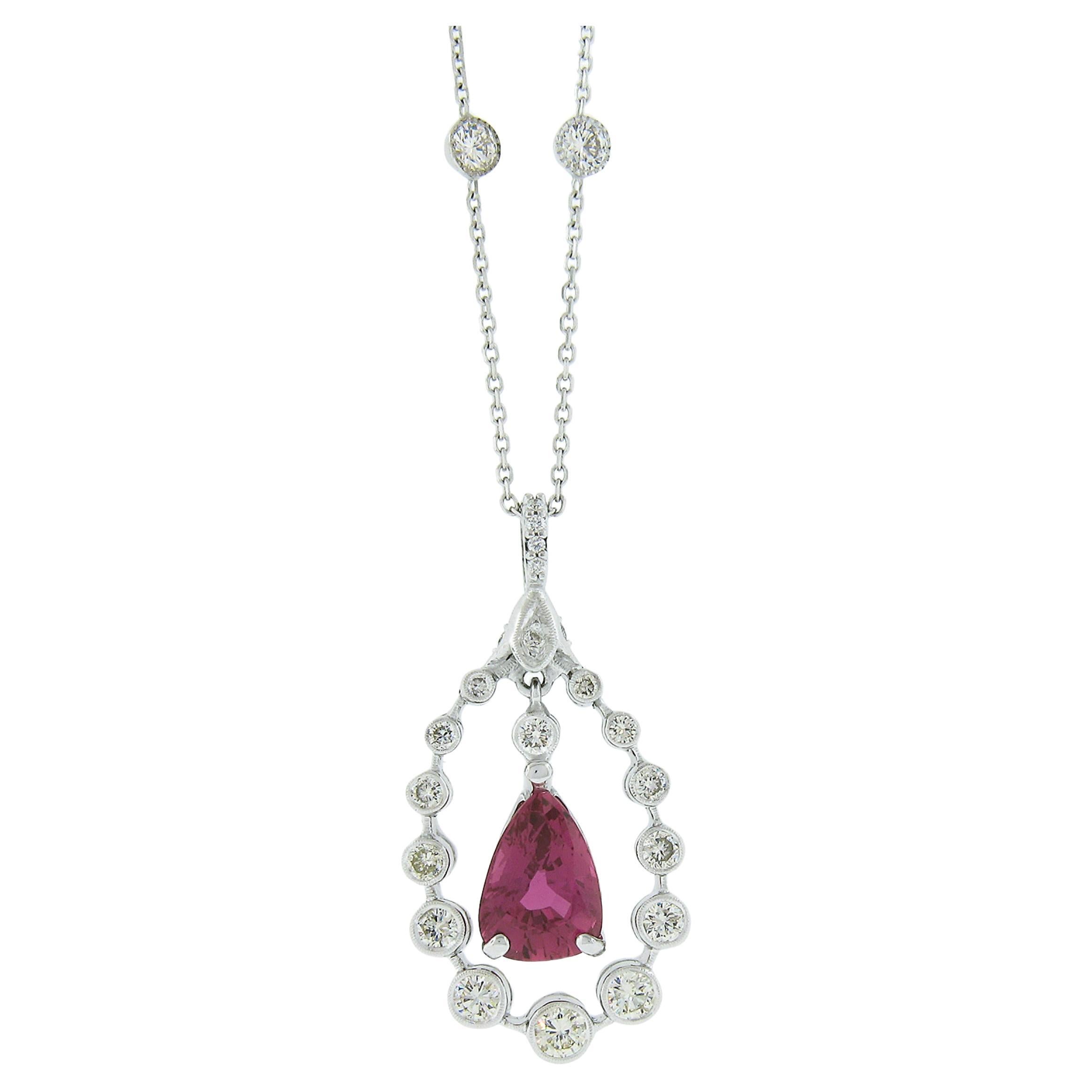 18K White Gold 4.12ctw GIA Pear Ruby & Diamond Halo Pendant By the Yard Necklace For Sale