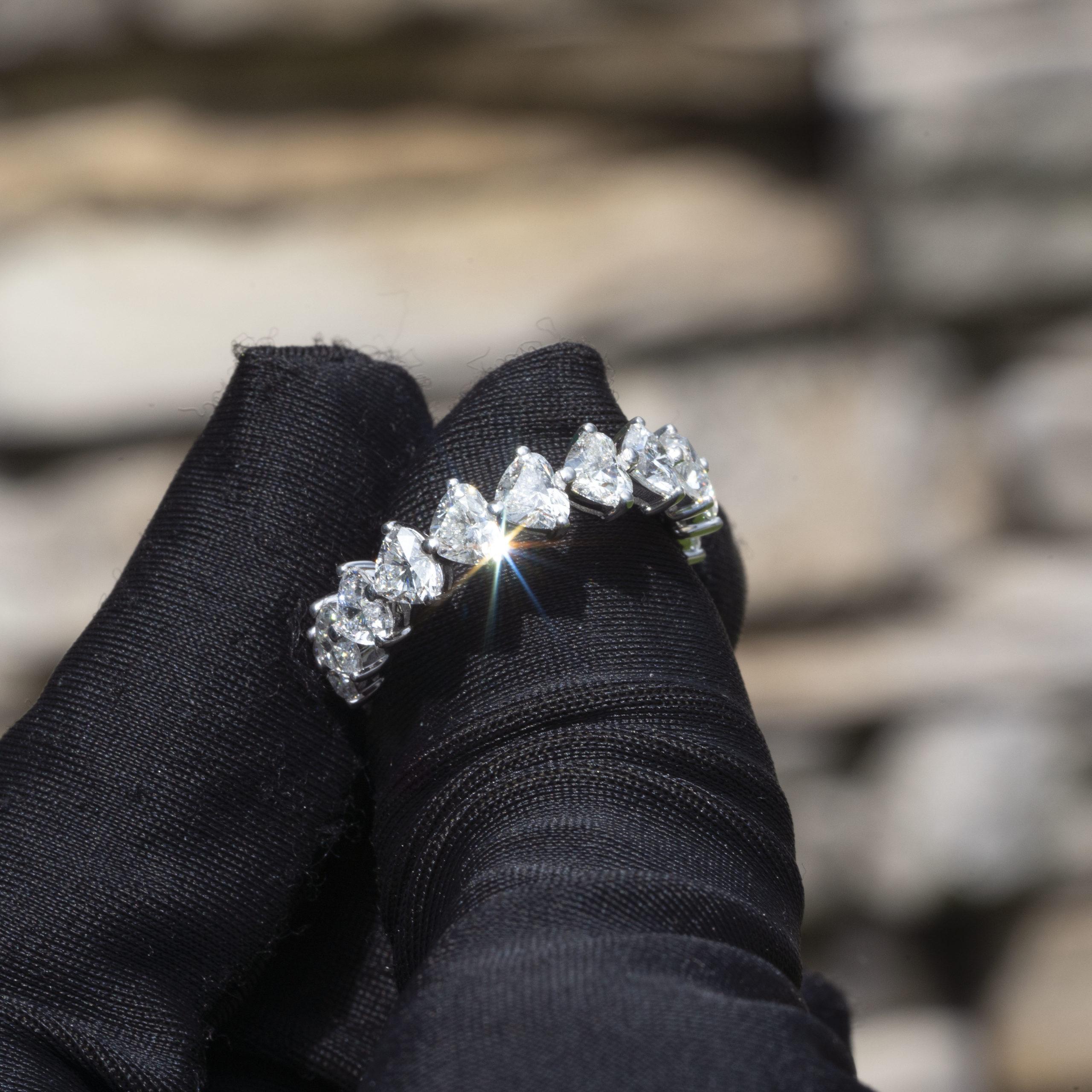 18k White Gold 4.12ctw Heart Shaped Natural Diamond Eternity Band Ring For Sale 2