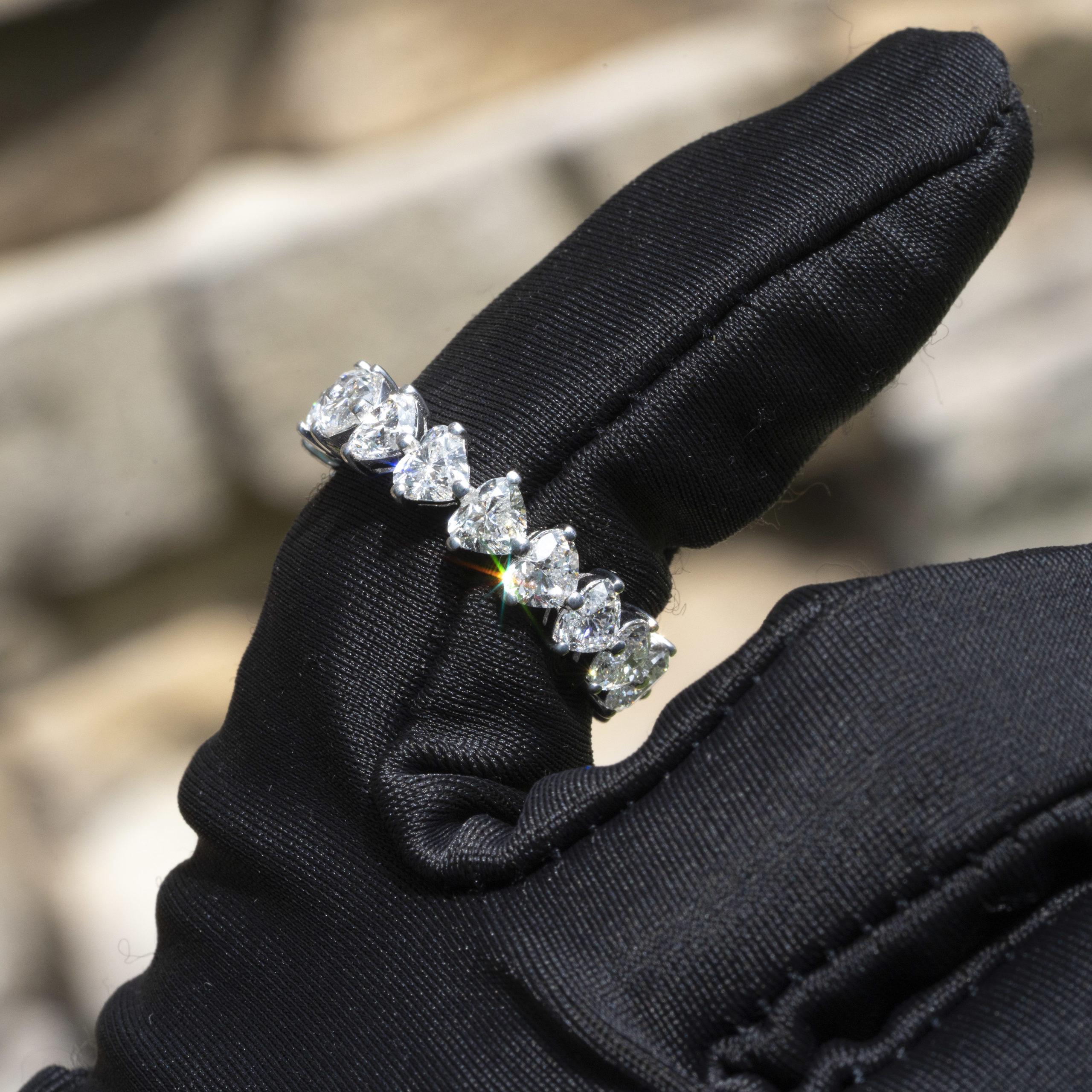 18k White Gold 4.12ctw Heart Shaped Natural Diamond Eternity Band Ring For Sale 3