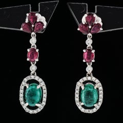 18K White Gold 4.15ct Cabochon Emerald w/ Ruby Diamond Halo Drop Dangle Earrings