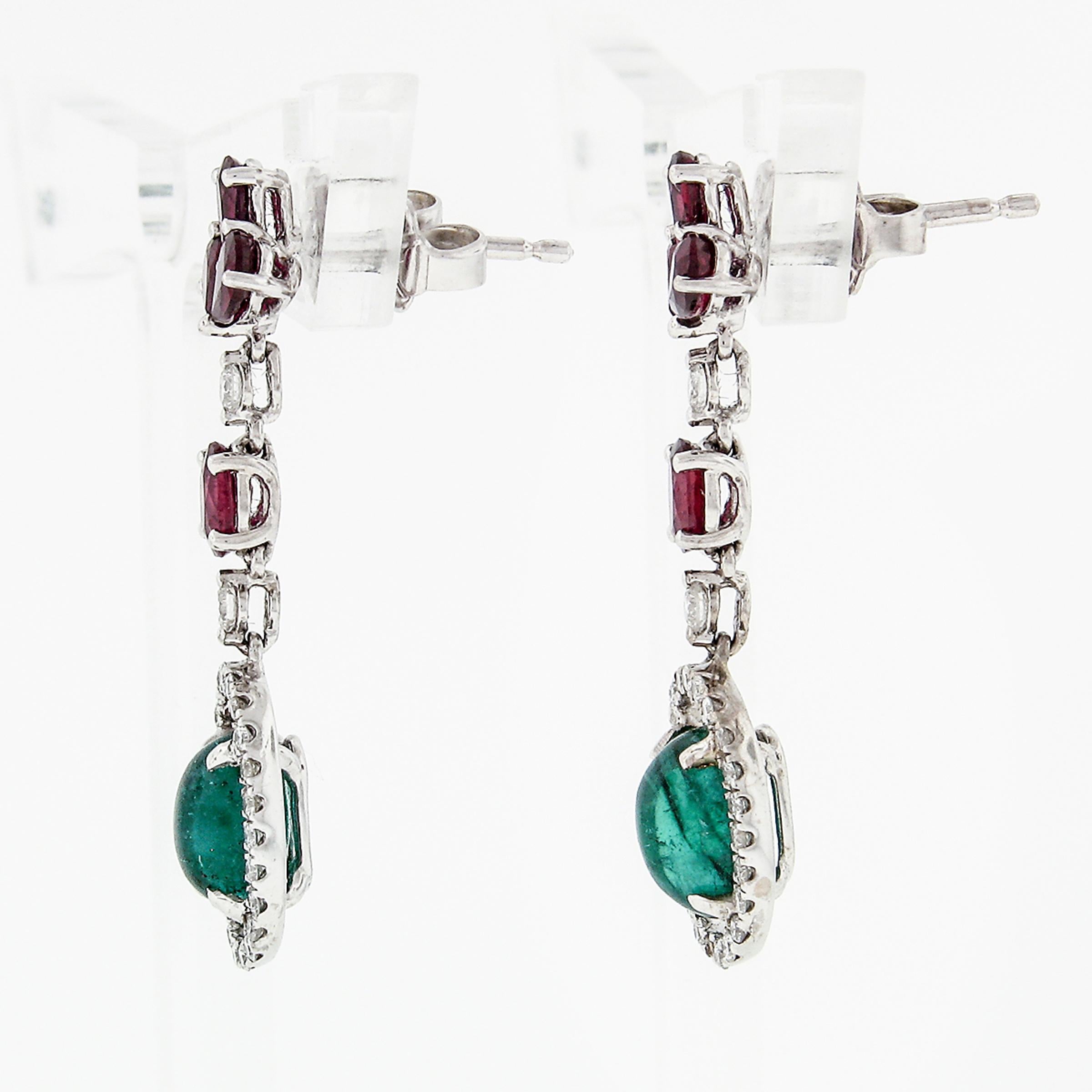 Oval Cut 18K White Gold 4.15ct Cabochon Emerald w/ Ruby Diamond Halo Drop Dangle Earrings For Sale