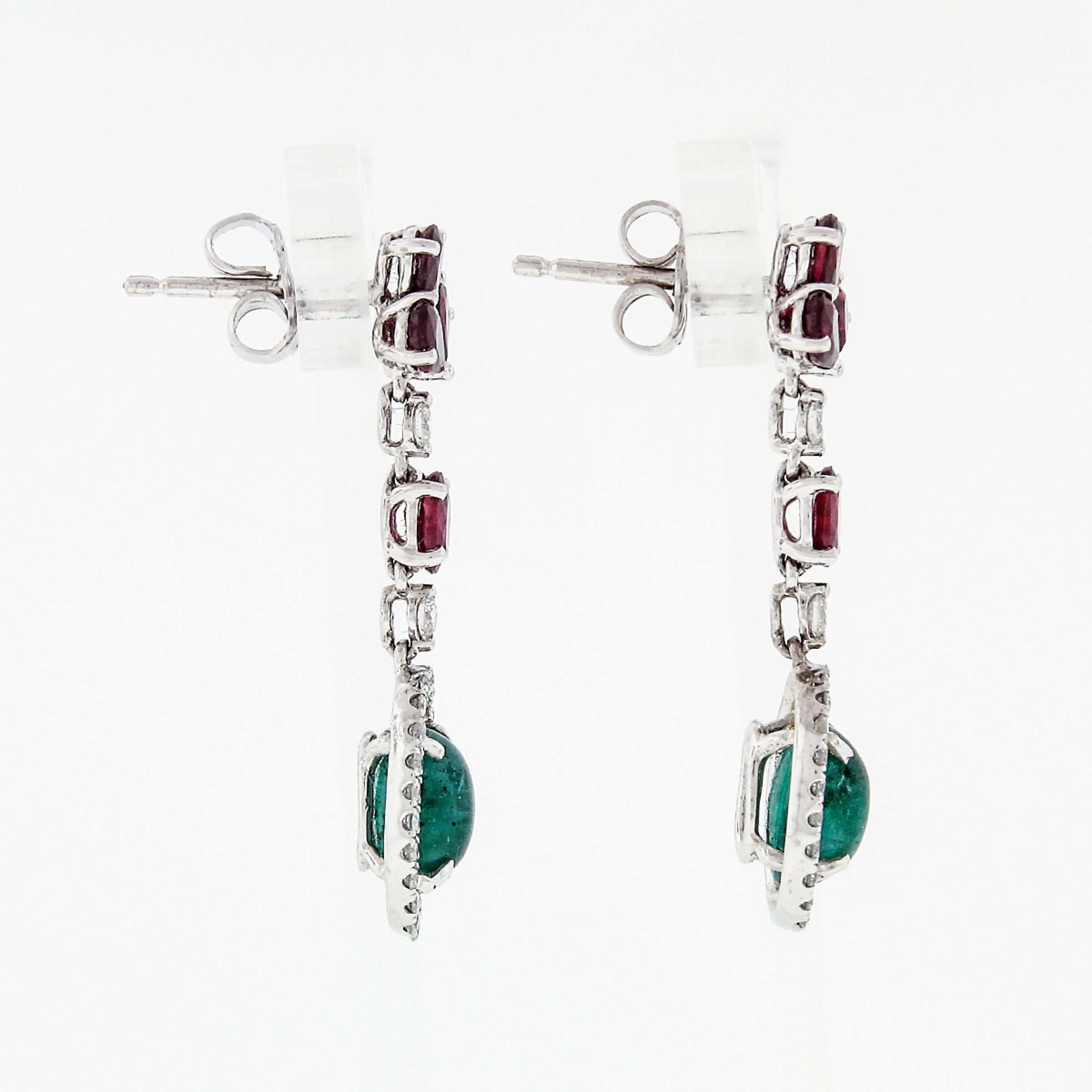 18K White Gold 4.15ct Cabochon Emerald w/ Ruby Diamond Halo Drop Dangle Earrings In Excellent Condition For Sale In Montclair, NJ