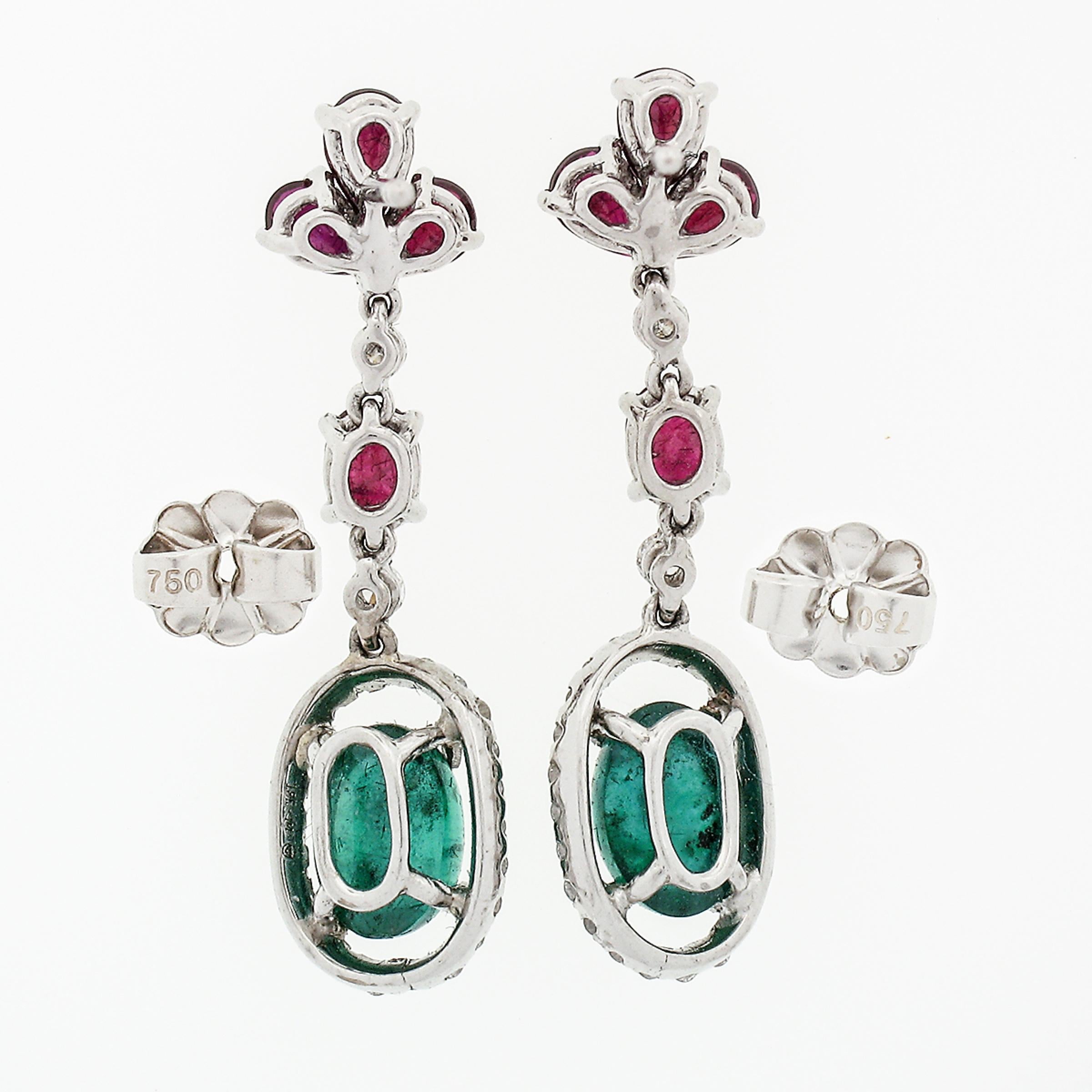 Women's 18K White Gold 4.15ct Cabochon Emerald w/ Ruby Diamond Halo Drop Dangle Earrings For Sale