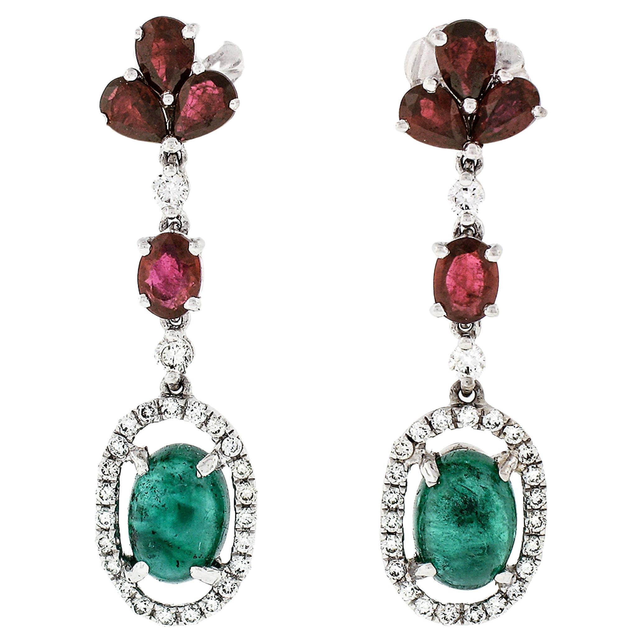 18K White Gold 4.15ct Cabochon Emerald w/ Ruby Diamond Halo Drop Dangle Earrings