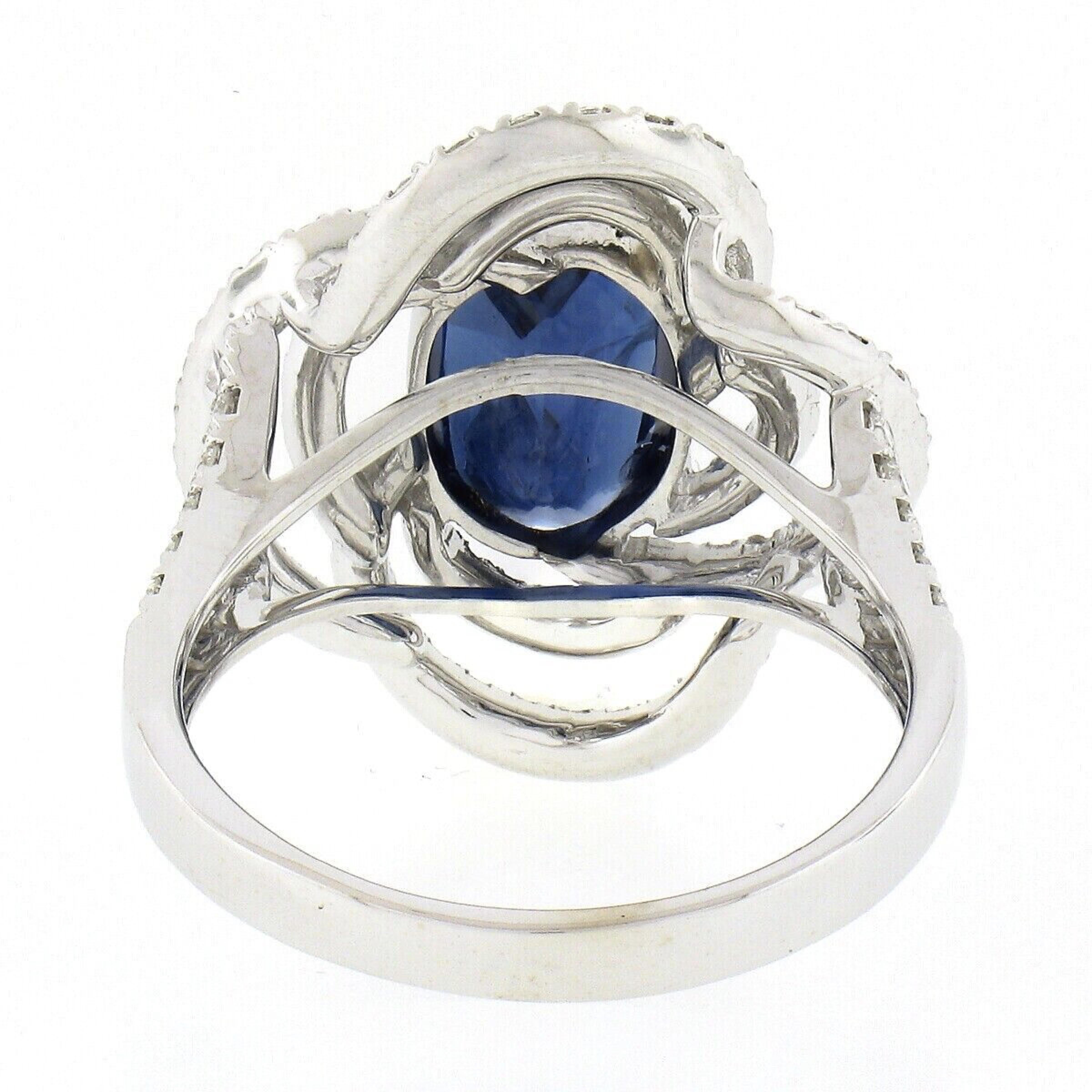 Women's 18K White Gold 4.15ct GIA Elongated Oval Sapphire W/ Diamond Infinity Swirl Ring For Sale