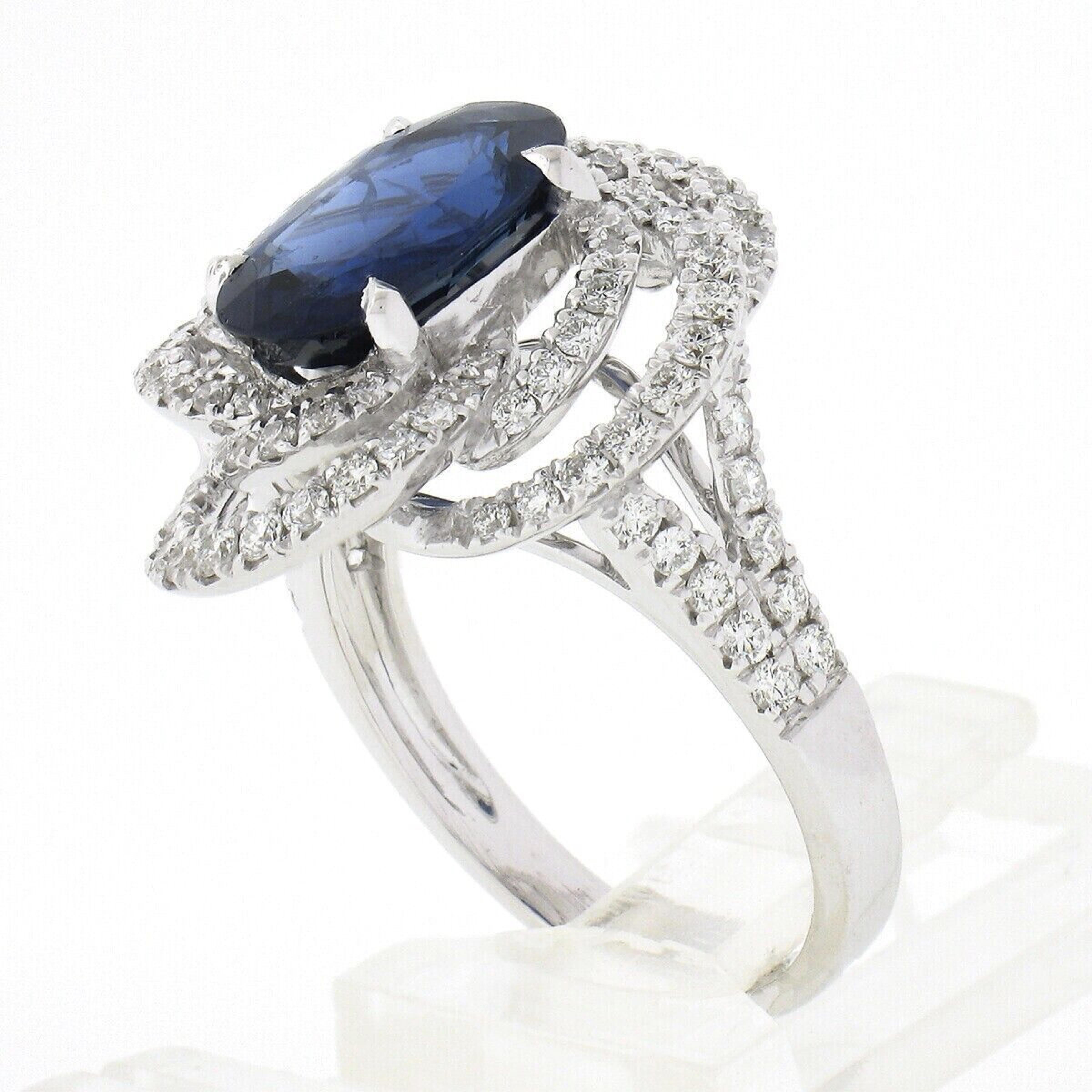18K White Gold 4.15ct GIA Elongated Oval Sapphire W/ Diamond Infinity Swirl Ring For Sale 2