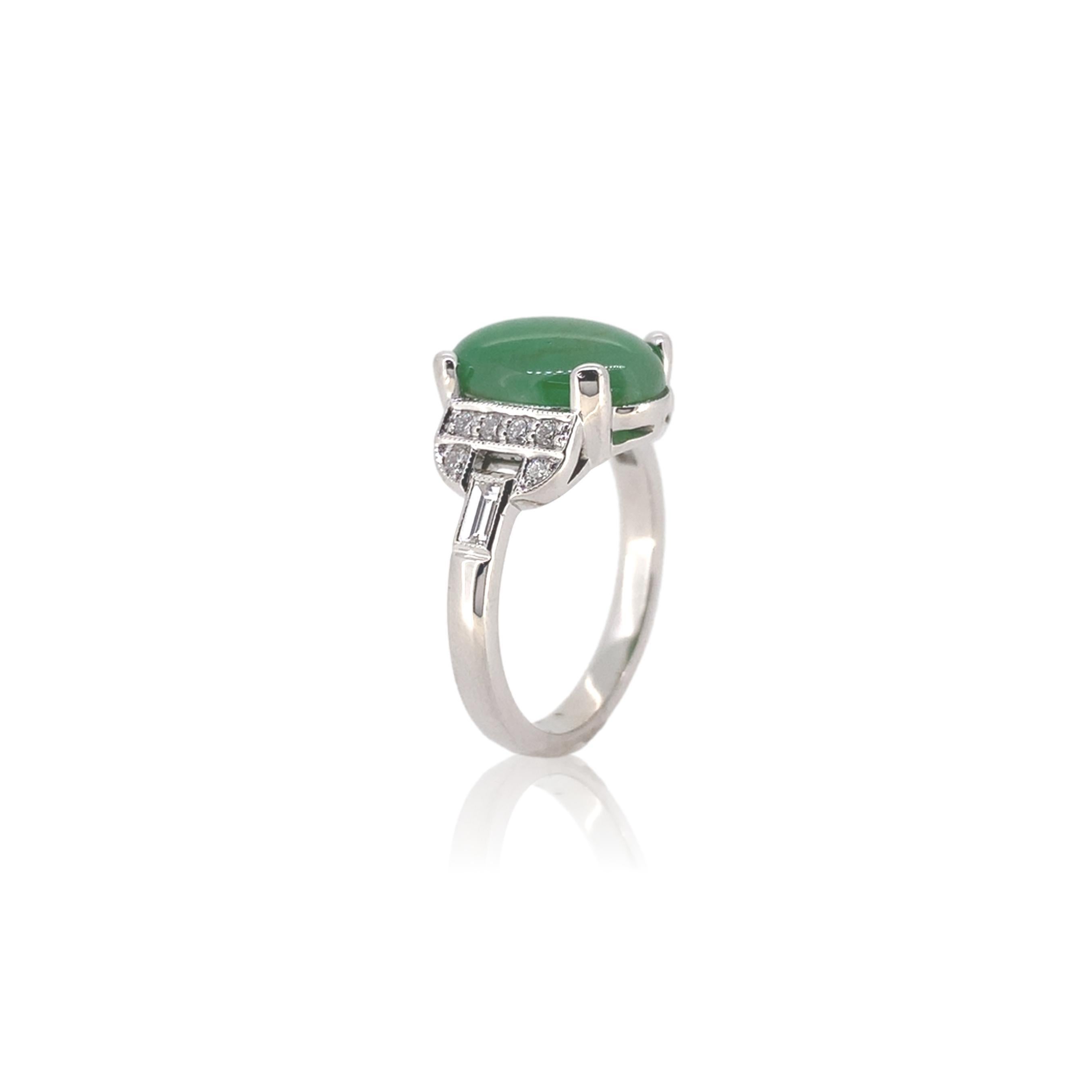 Art Deco 18K White Gold 4.17 carat A Jadeite Jade and Diamond Ring with GIA Report For Sale