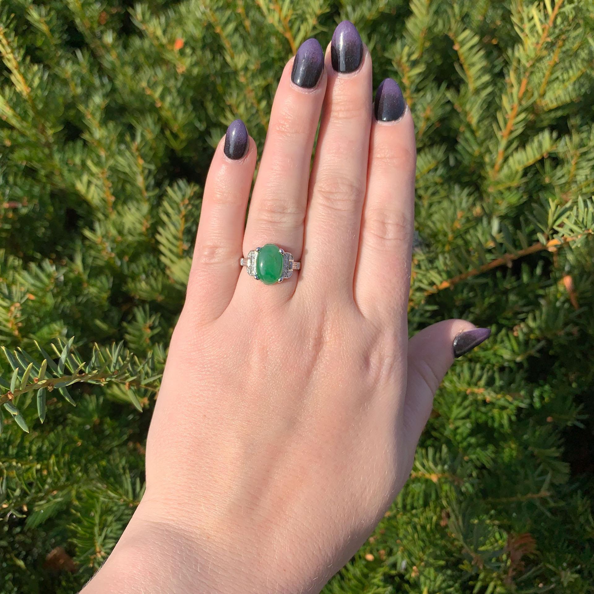 Women's 18K White Gold 4.17 carat A Jadeite Jade and Diamond Ring with GIA Report For Sale