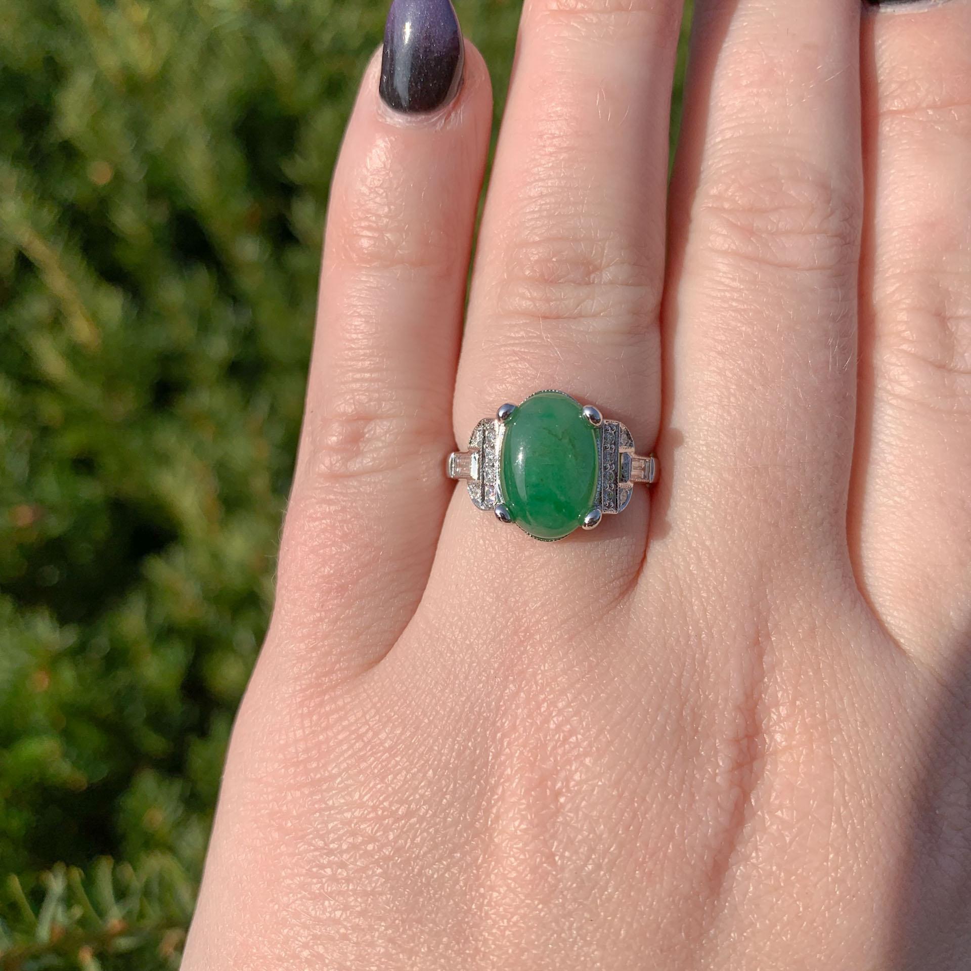 18K White Gold 4.17 carat A Jadeite Jade and Diamond Ring with GIA Report For Sale 1