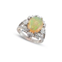 18K White Gold 4.18ct Fire Opal Halo Pear Shape & Round Diamond Cocktail Ring