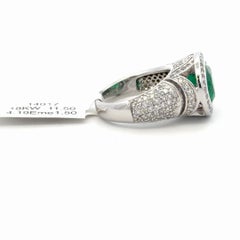 18K White Gold 4.19 Carat East-West Emerald Diamond Halo Cocktail Ring