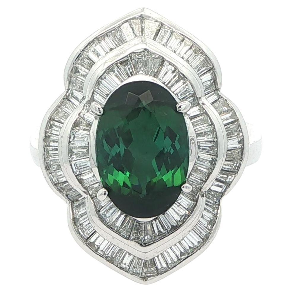 18k White Gold 4.27ct GIA Tourmaline Diamond Dual Halo Long Tiered Navette Ring im Angebot