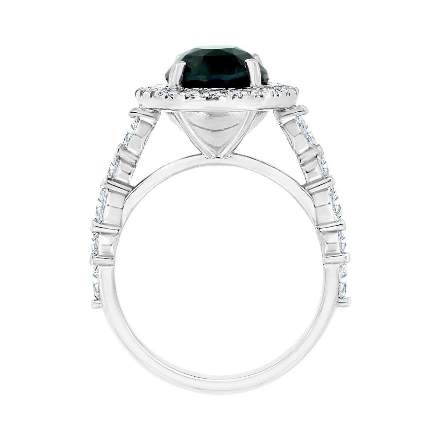 18K White Gold 4.31 CT Oval Teal Color Un-Heated Sapphire Diamond Halo Ring GIA In New Condition For Sale In San Francisco, CA