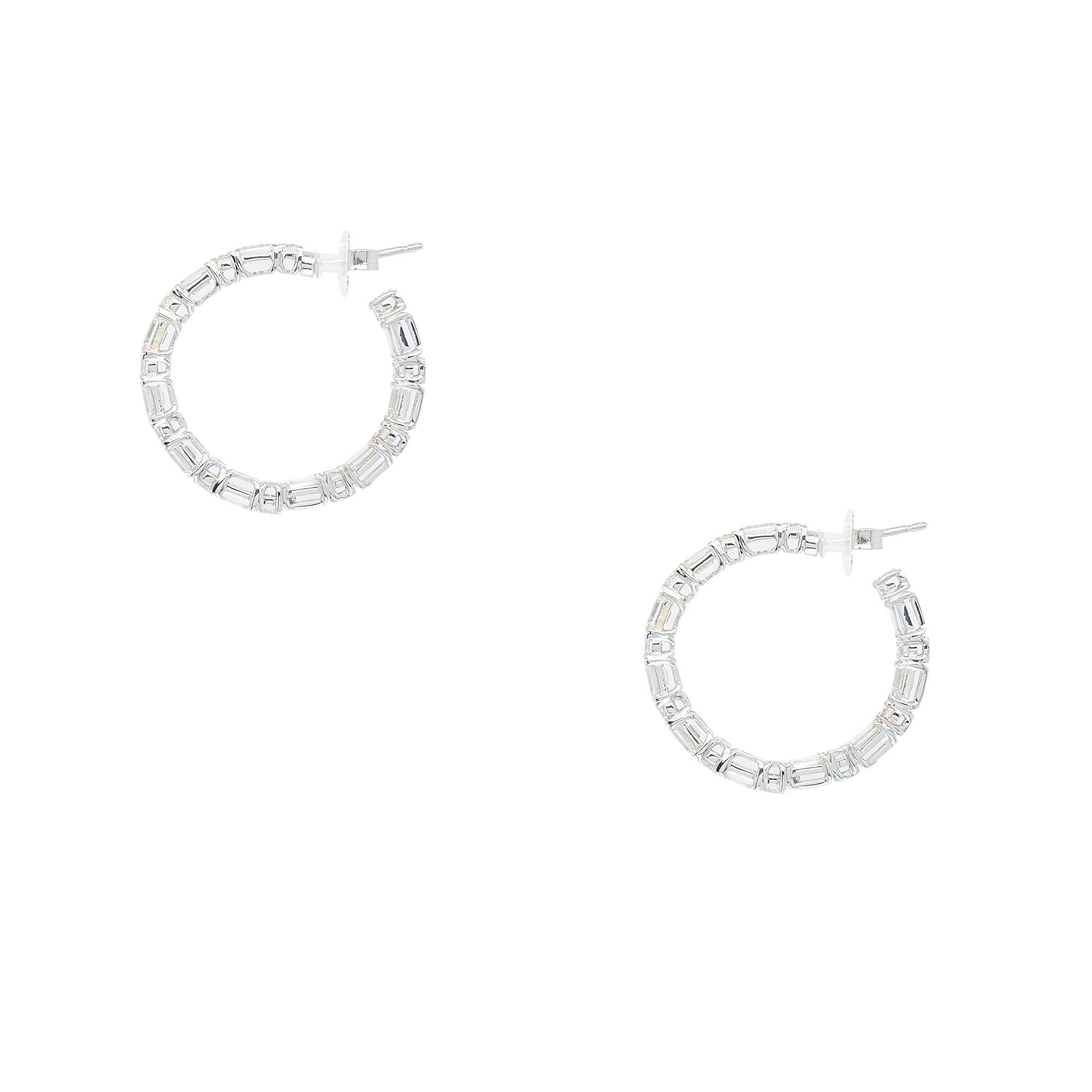 18k White Gold 4.31ctw Round Baguette Diamond Inside Out Hoops In Excellent Condition For Sale In Boca Raton, FL