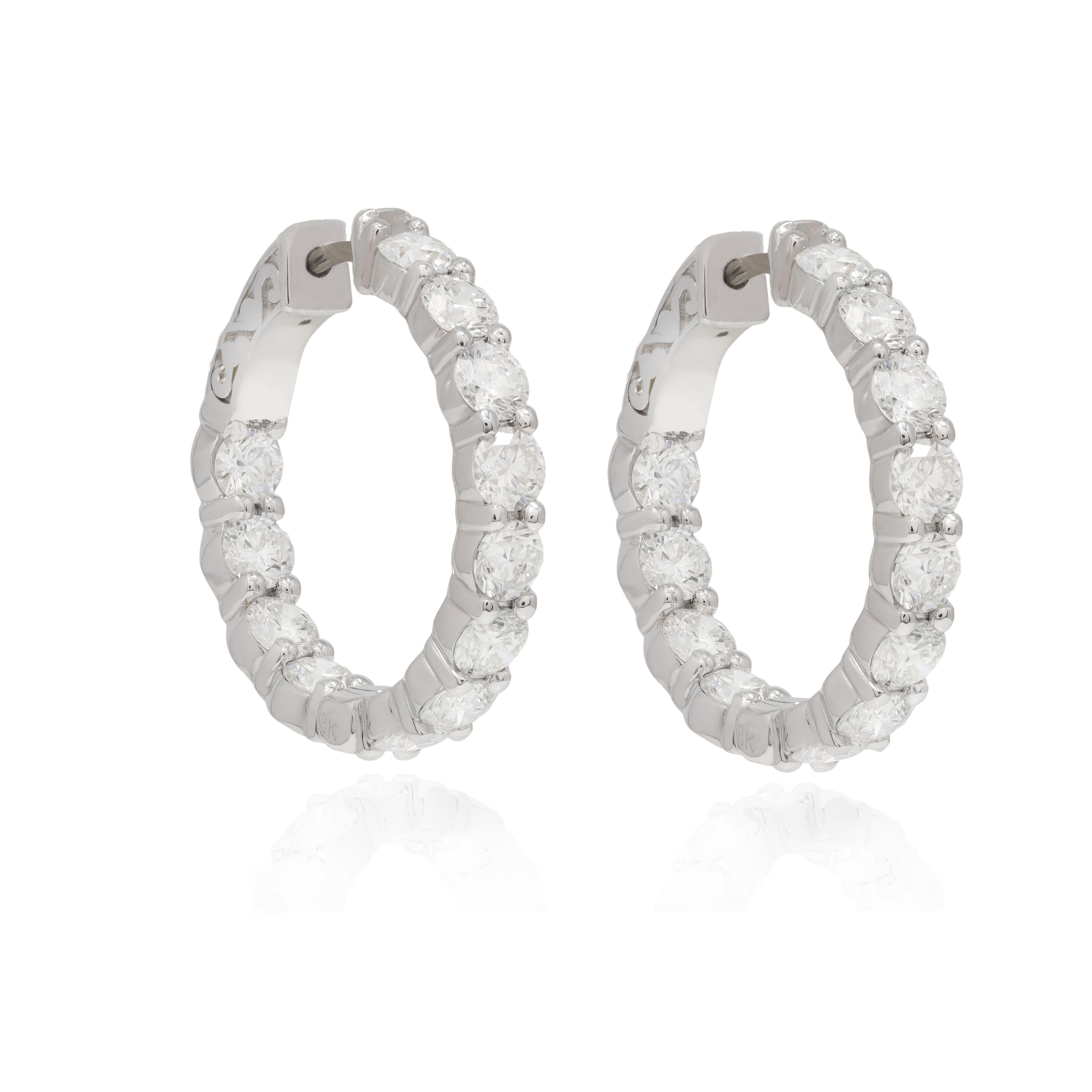 Round Cut Diana M. 18K White Gold 4.50 Carat Diamond Hoop Earrings For Sale