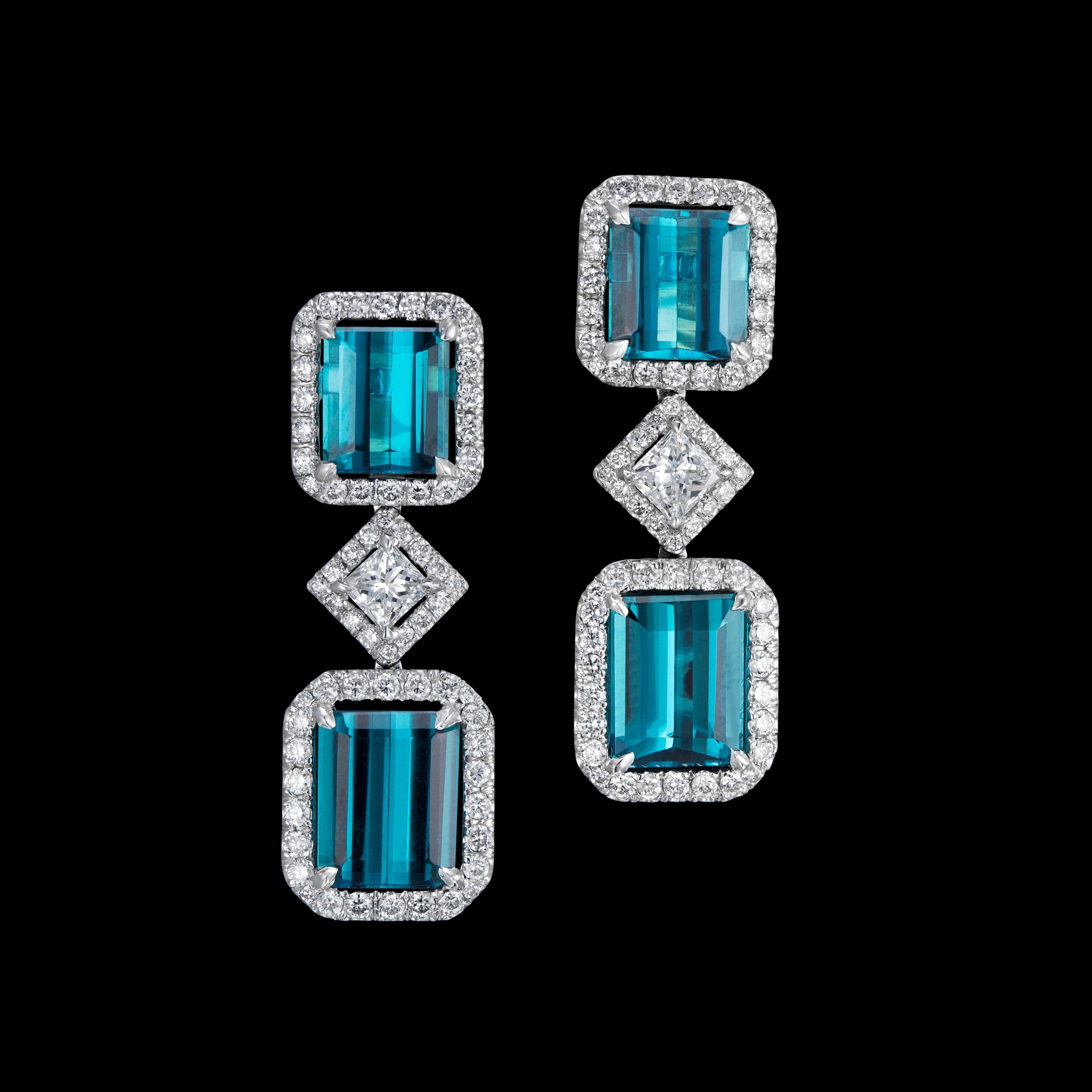 Blue Brazilian tourmaline and diamond light minimalist earrings