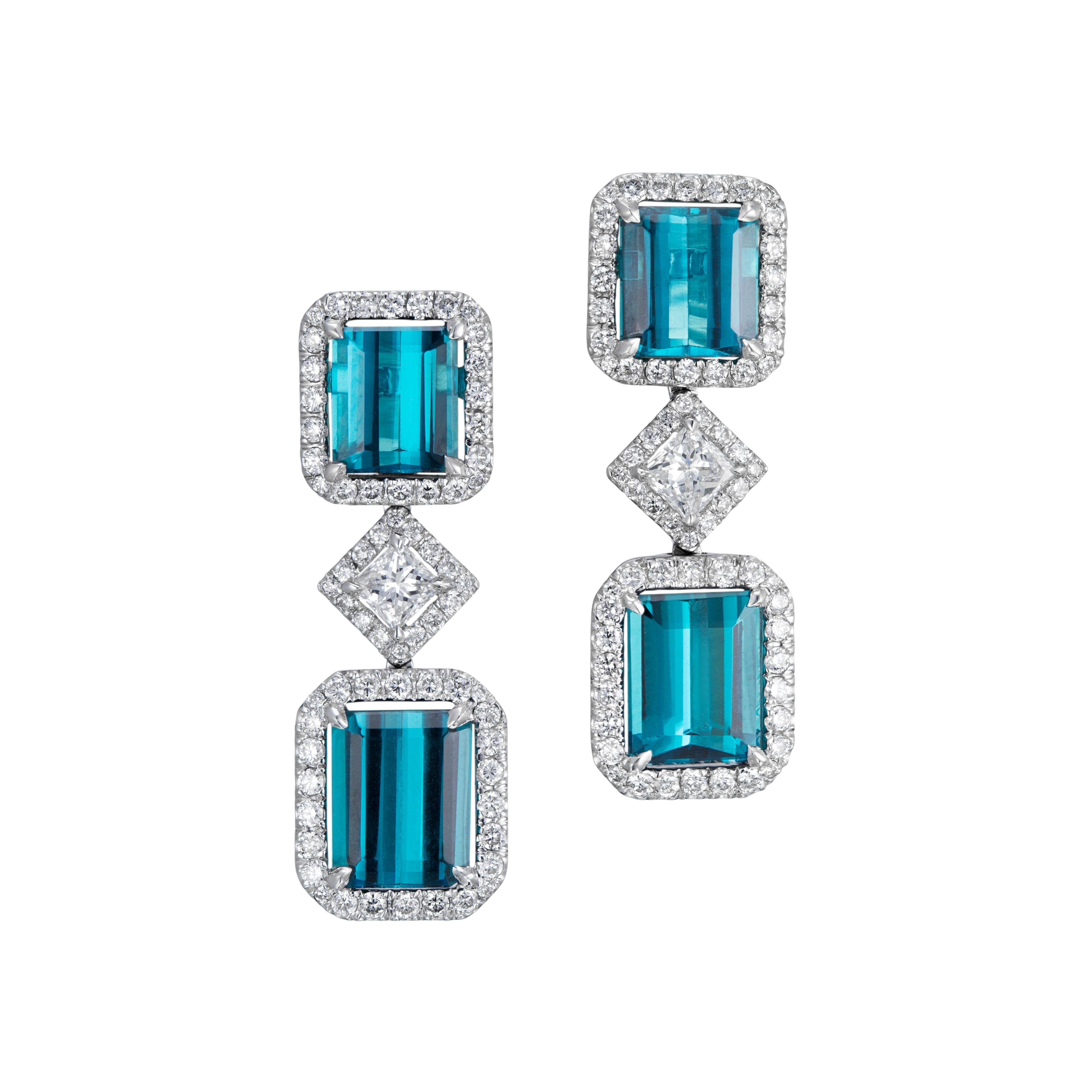 18K White Gold 4.6 Carat Blue Tourmaline Diamond Earrings For Sale