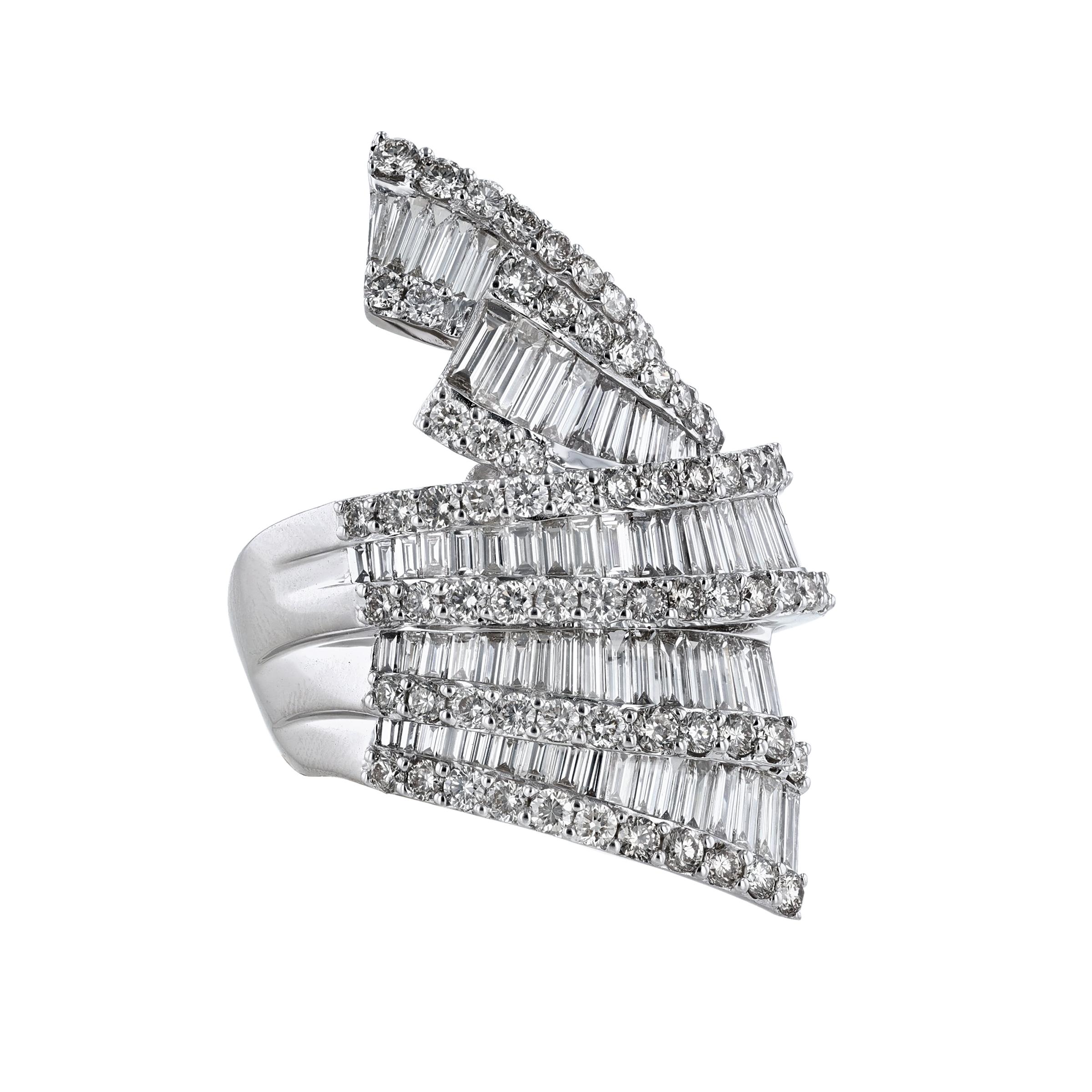 Contemporary 18K White Gold 4.80 Carat Round Baguette Diamond Wrap Cocktail Ring For Sale