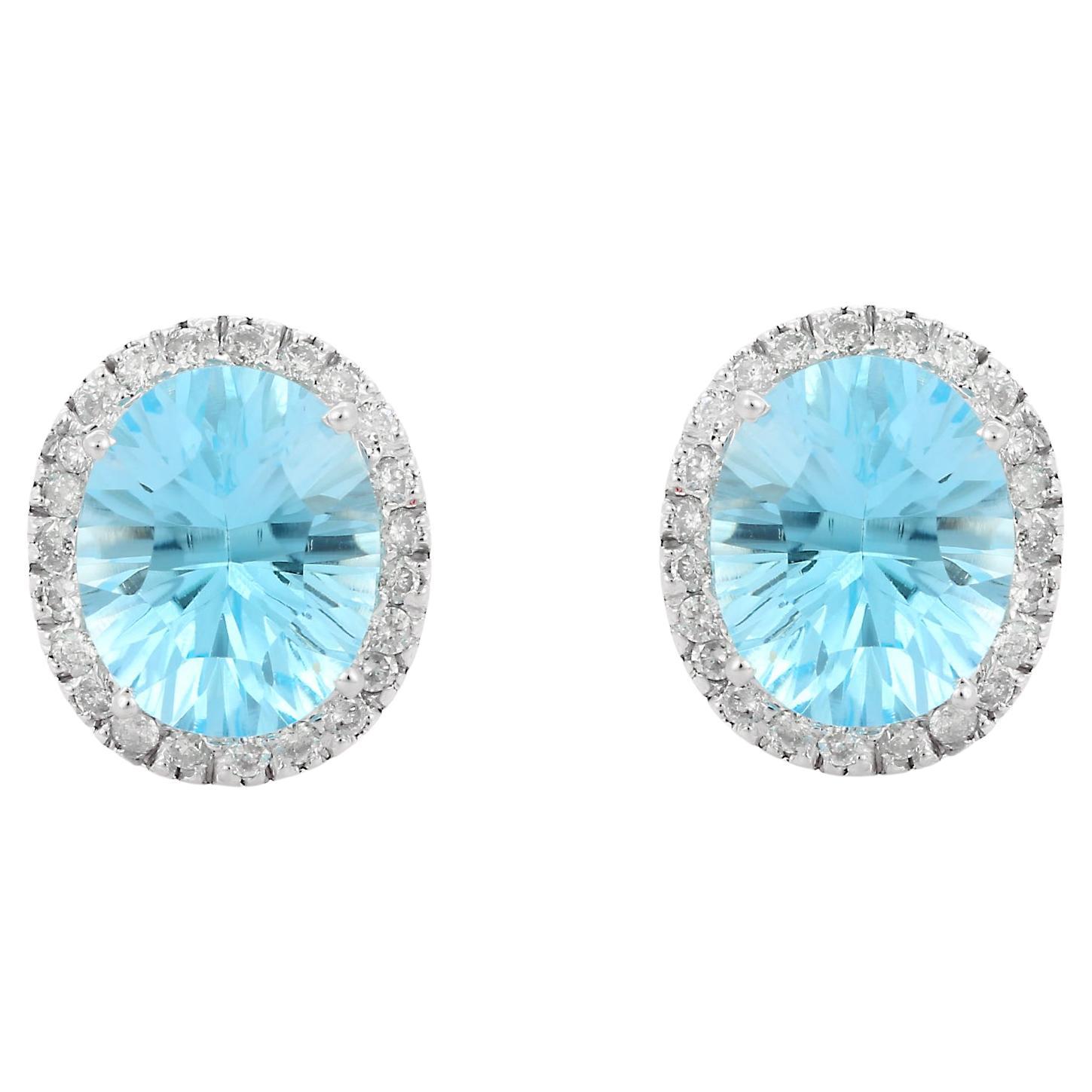 Square Stud Earrings 18k white Gold 28 Diamonds 0.70 ct 2 Blue Topaz Cabochon For Sale at