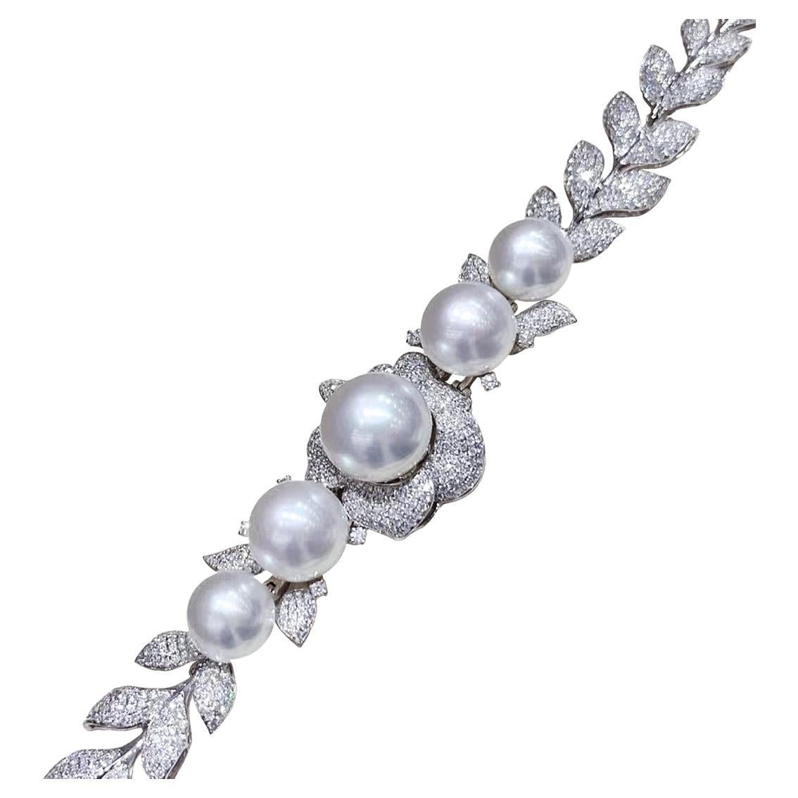 【Crown Radiance】Imperial Leaf 10–13mm South Sea Pearl & 4.85ct Diamond Bracelet For Sale