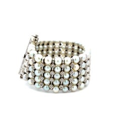 18K White Gold 4.9-5.25MM Pearl Link Bracelet With 2.95 Carat Round Diamonds