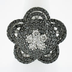 18k White Gold 4.92ctw Black & White Diamond Large Flower Cocktail Ring