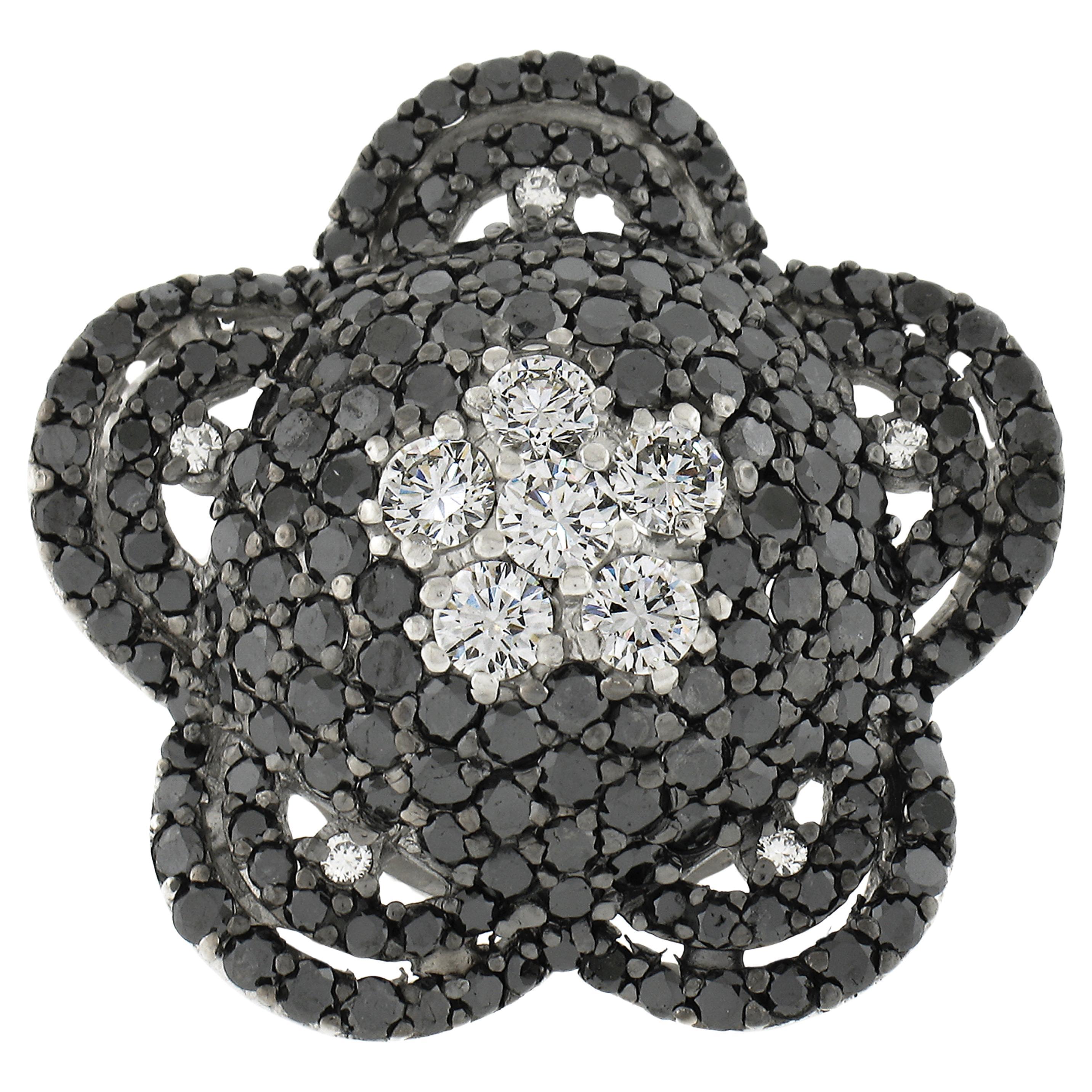 18k White Gold 4.92ctw Black & White Diamond Large Flower Cocktail Ring