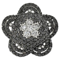 18k White Gold 4.92ctw Black & White Diamond Large Flower Cocktail Ring